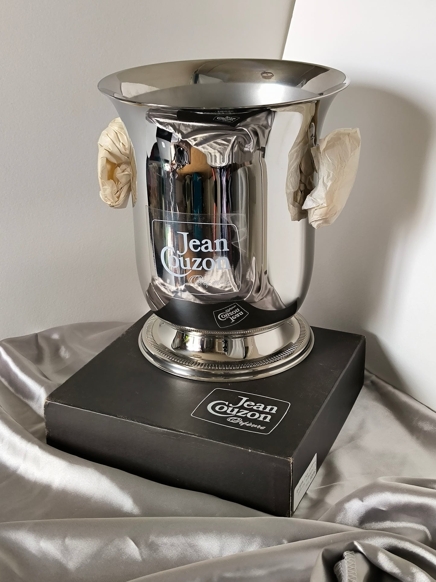 Vintage Jean Couzon "Président" Champagne Bucket with Original Box, Unused French Orfèvrerie Ice Bucket, 18/10 Stainless Steel