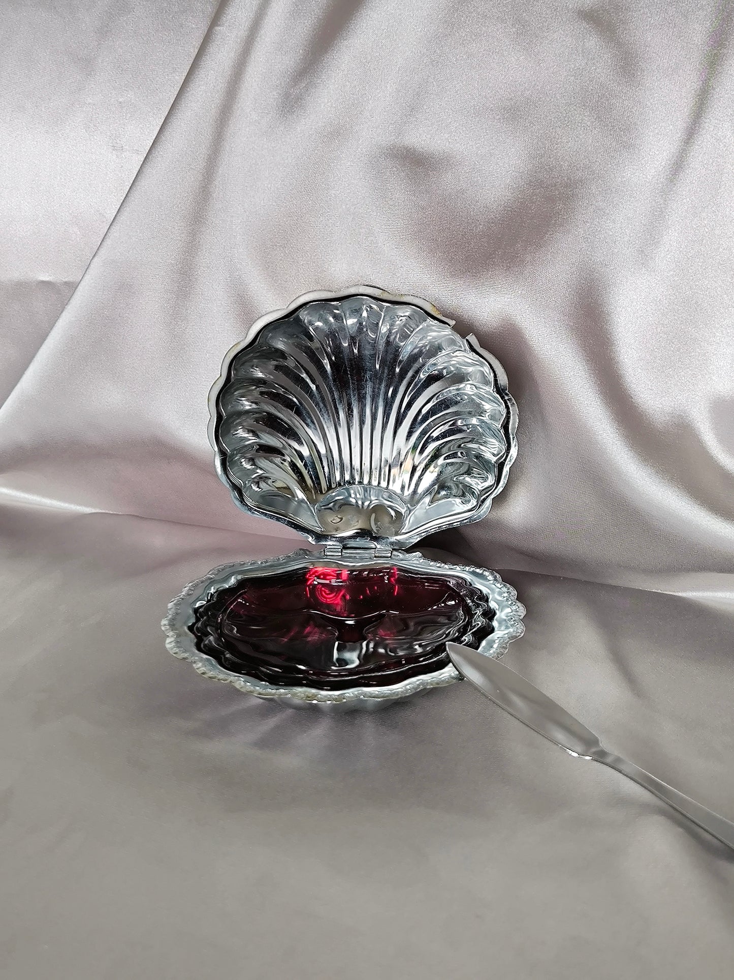 Vintage Shell Butter/Caviar Dish with Ruby Glass Insert, Silver Serving Dish, Storage Box