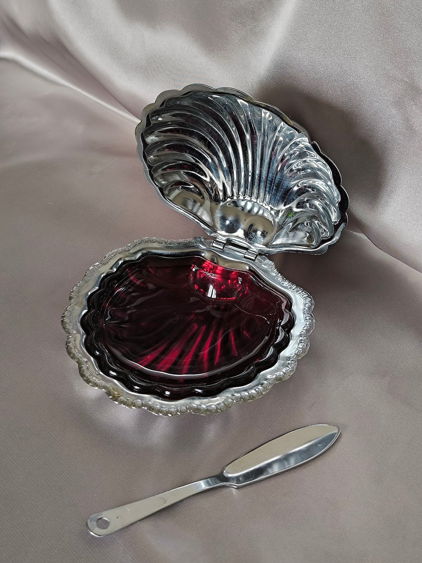 Vintage Shell Butter/Caviar Dish with Ruby Glass Insert, Silver Serving Dish, Storage Box