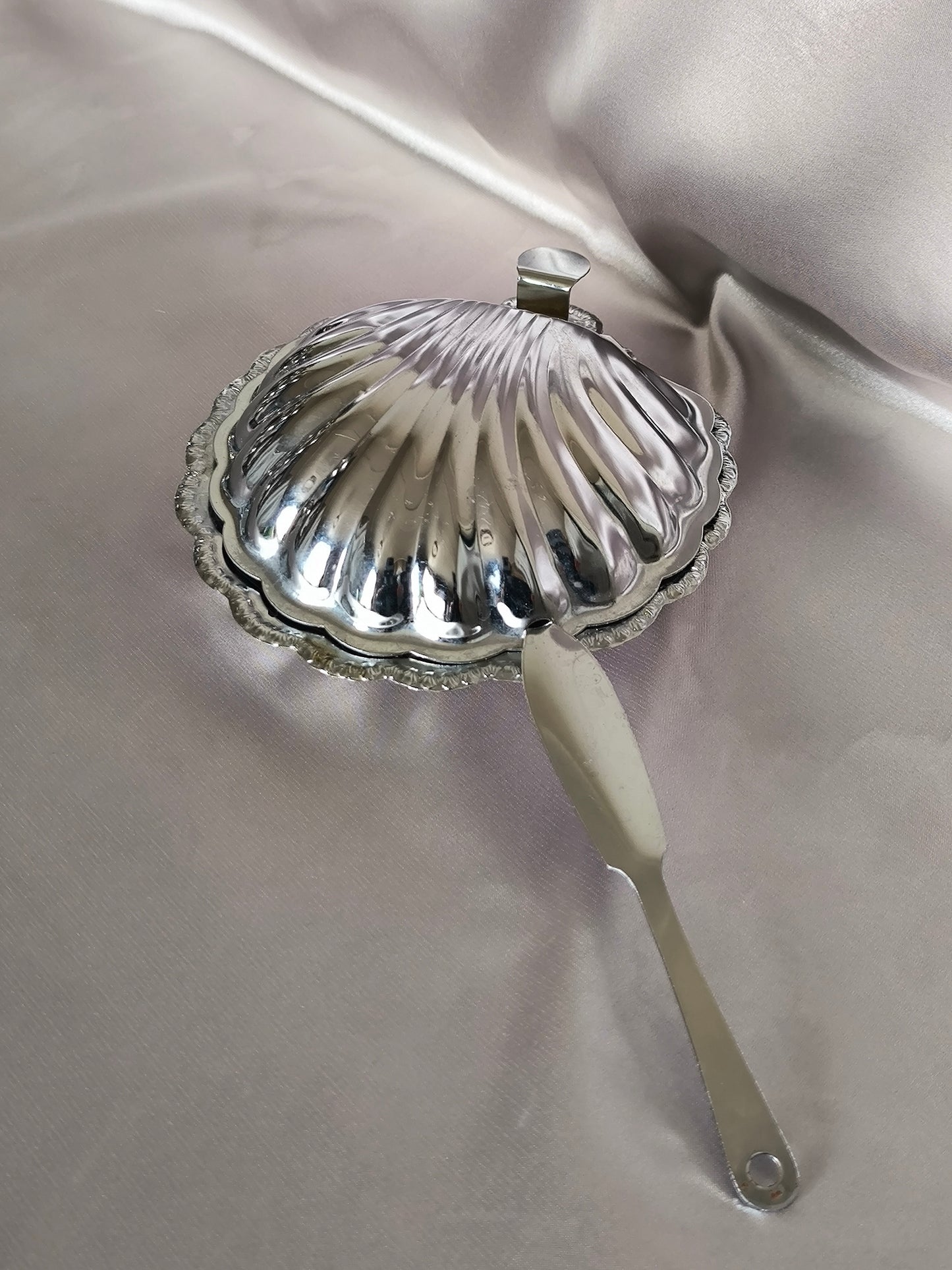 Vintage Shell Butter/Caviar Dish with Ruby Glass Insert, Silver Serving Dish, Storage Box