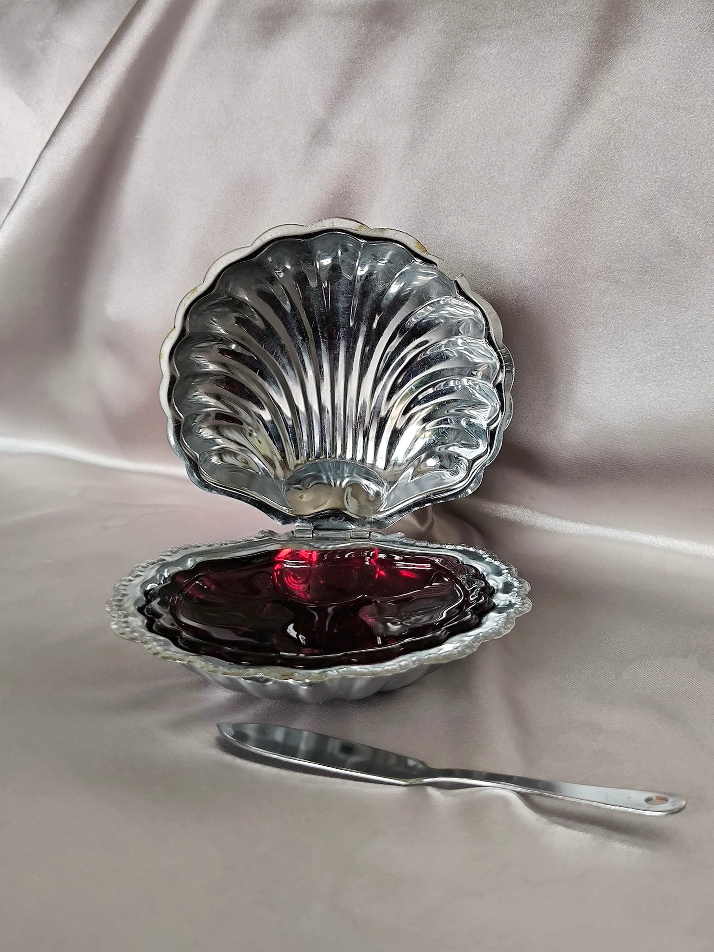 Vintage Shell Butter/Caviar Dish with Ruby Glass Insert, Silver Serving Dish, Storage Box