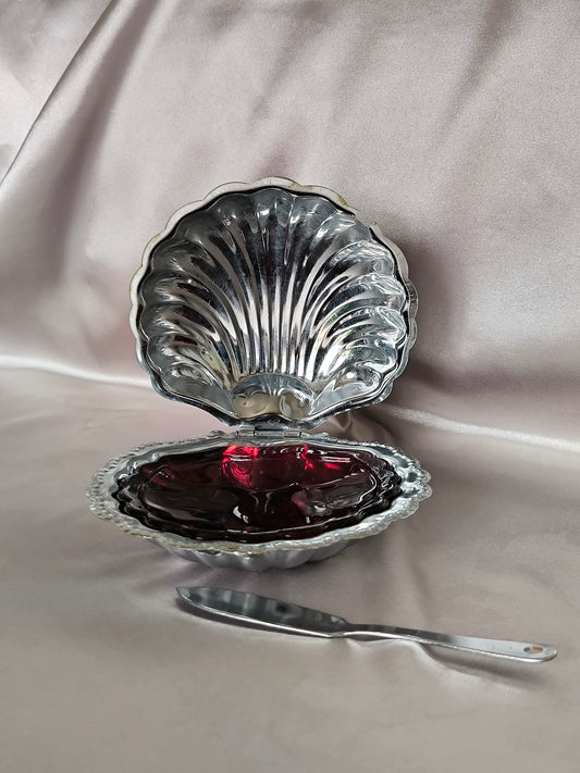 Vintage Shell Butter Dish with Ruby Glass Insert, Silver Tone Serving Dish for Caviar
