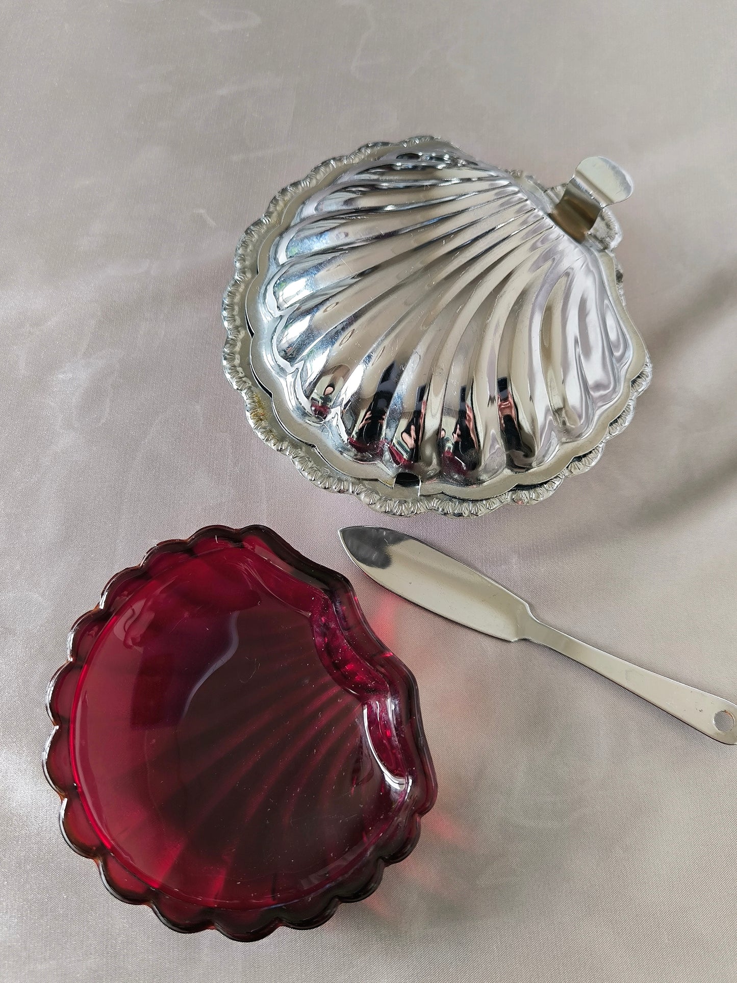 Vintage Shell Butter/Caviar Dish with Ruby Glass Insert, Silver Serving Dish, Storage Box