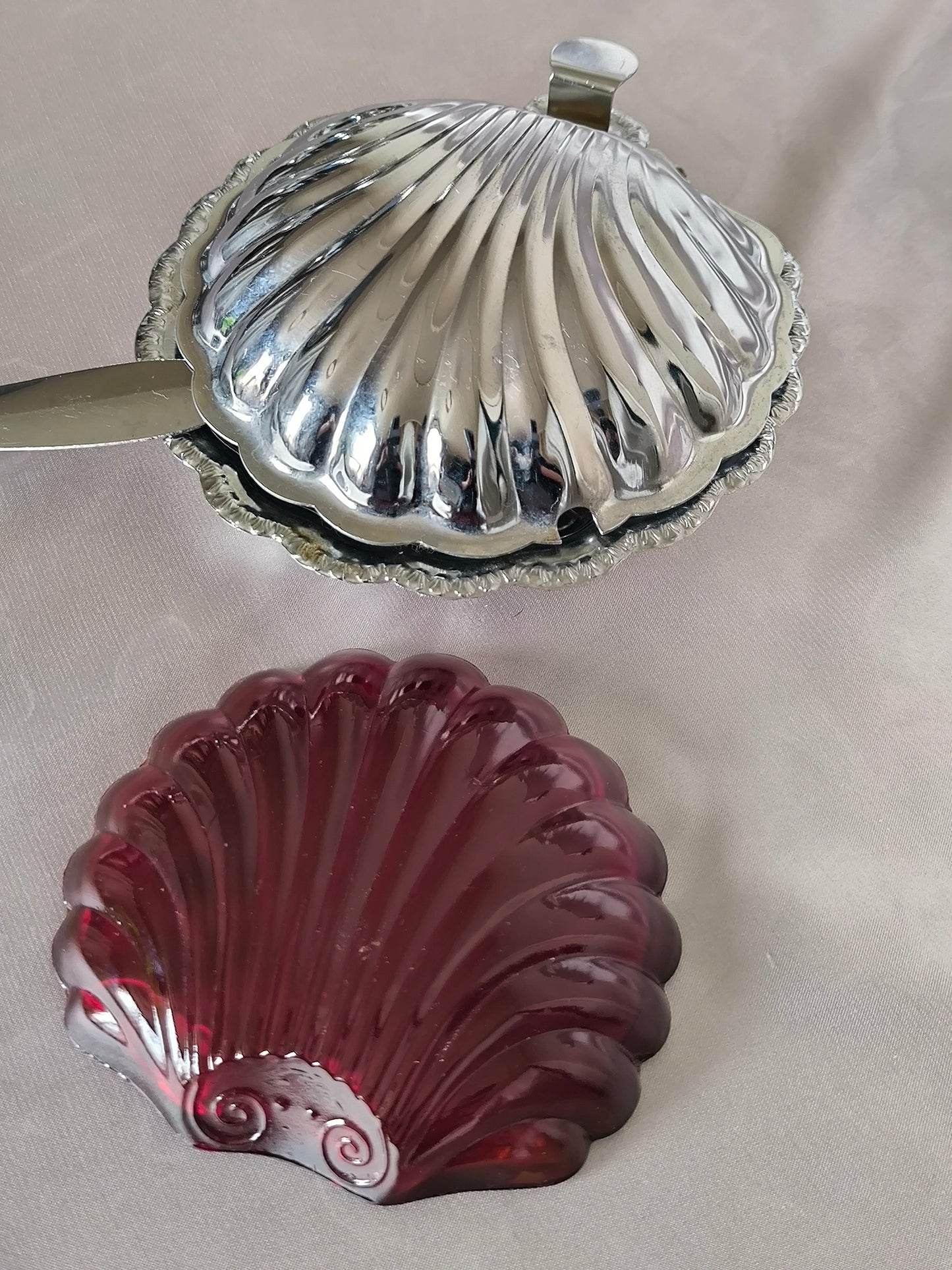 Vintage Shell Butter/Caviar Dish with Ruby Glass Insert, Silver Serving Dish, Storage Box