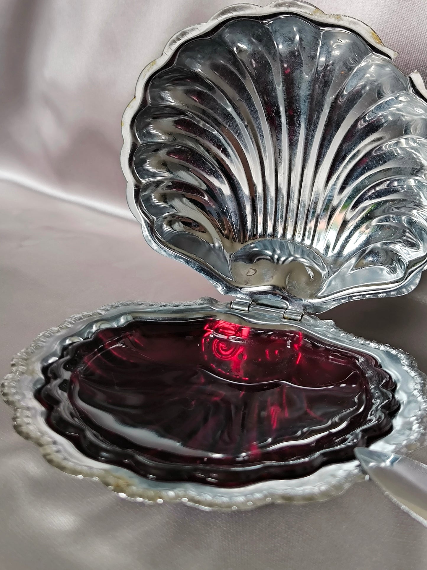 Vintage Shell Butter/Caviar Dish with Ruby Glass Insert, Silver Serving Dish, Storage Box