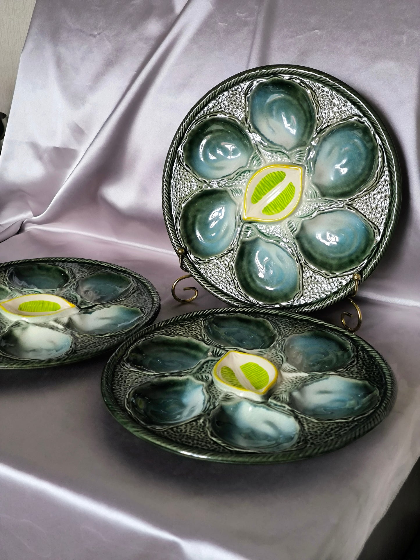 Vintage Oyster Plates Saint-Clément – Set of 3 Barbotine Majolica Oyster Serving Plates