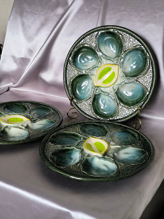 Vintage Oyster Plates Saint-Clément – Set of 3 Barbotine Majolica Oyster Serving Plates