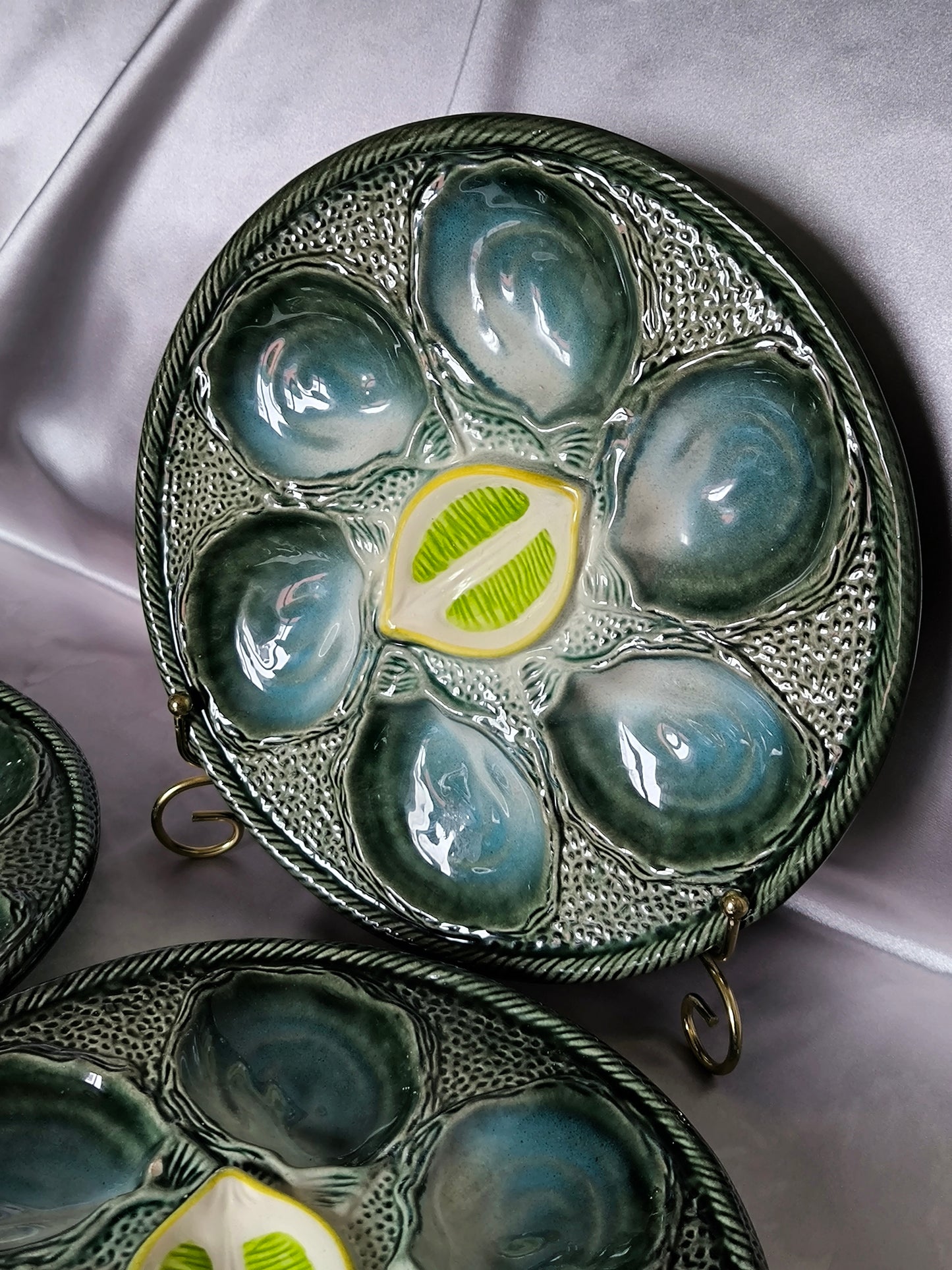 Vintage Oyster Plates Saint-Clément – Set of 3 Barbotine Majolica Oyster Serving Plates