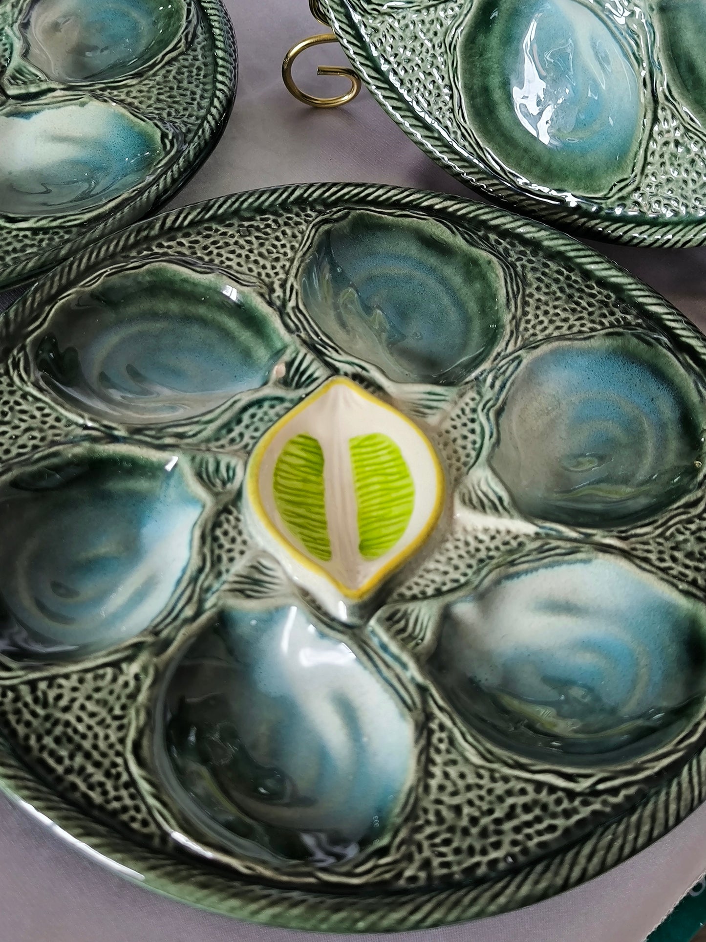 Vintage Oyster Plates Saint-Clément – Set of 3 Barbotine Majolica Oyster Serving Plates