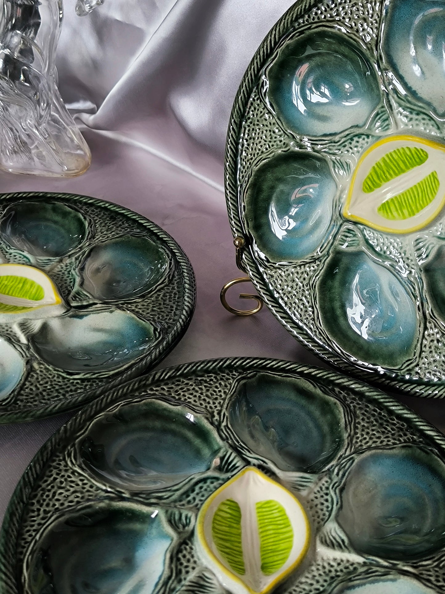 Vintage Oyster Plates Saint-Clément – Set of 3 Barbotine Majolica Oyster Serving Plates