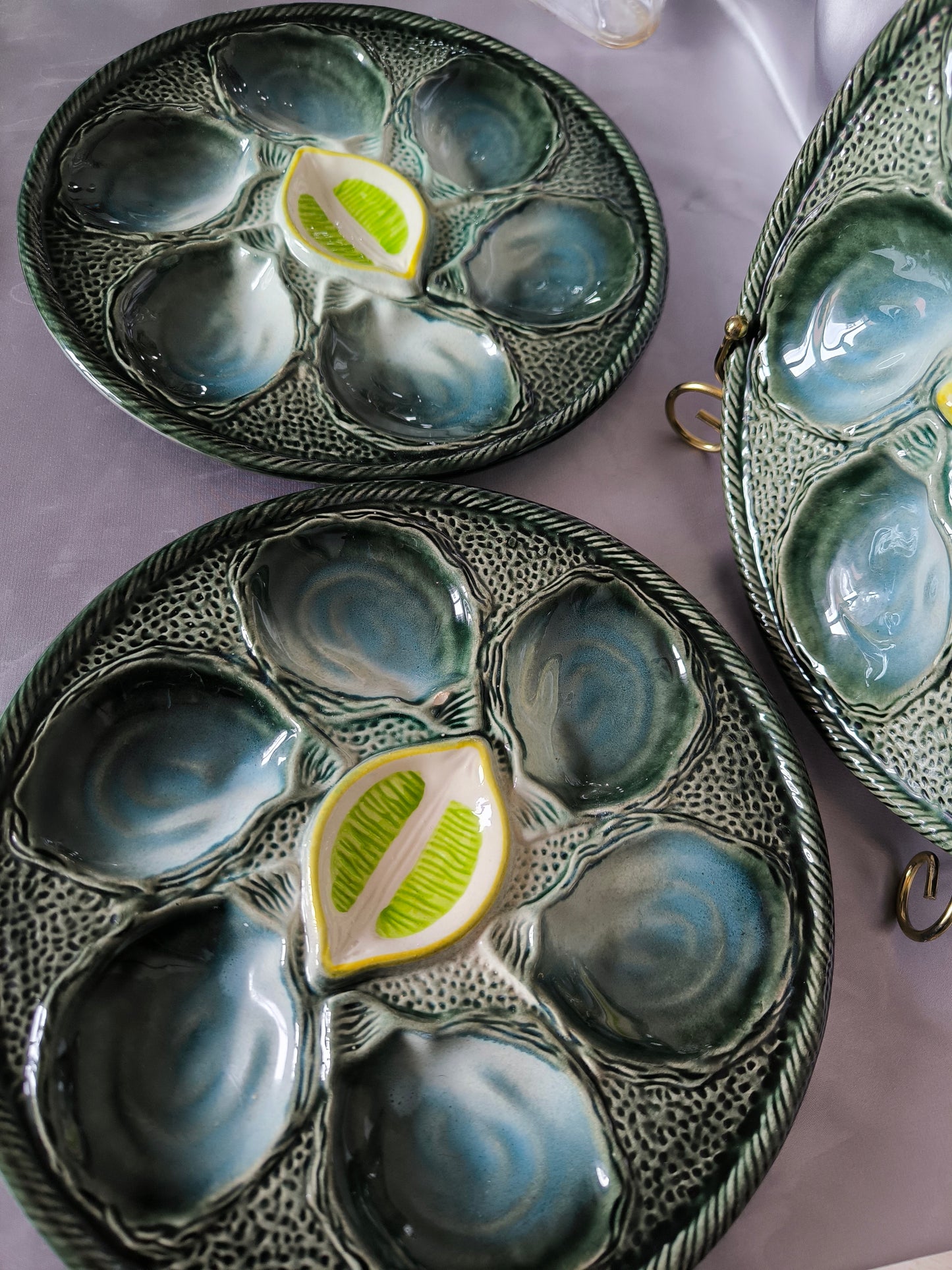Vintage Oyster Plates Saint-Clément – Set of 3 Barbotine Majolica Oyster Serving Plates