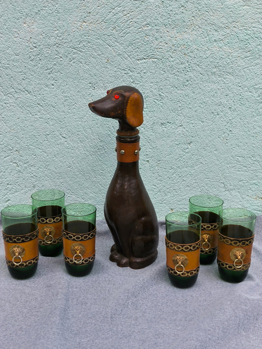 Vintage Empoli Dog Decanter Set – Unusual Сustomized Italian Green Glass Bar Set, 1960s