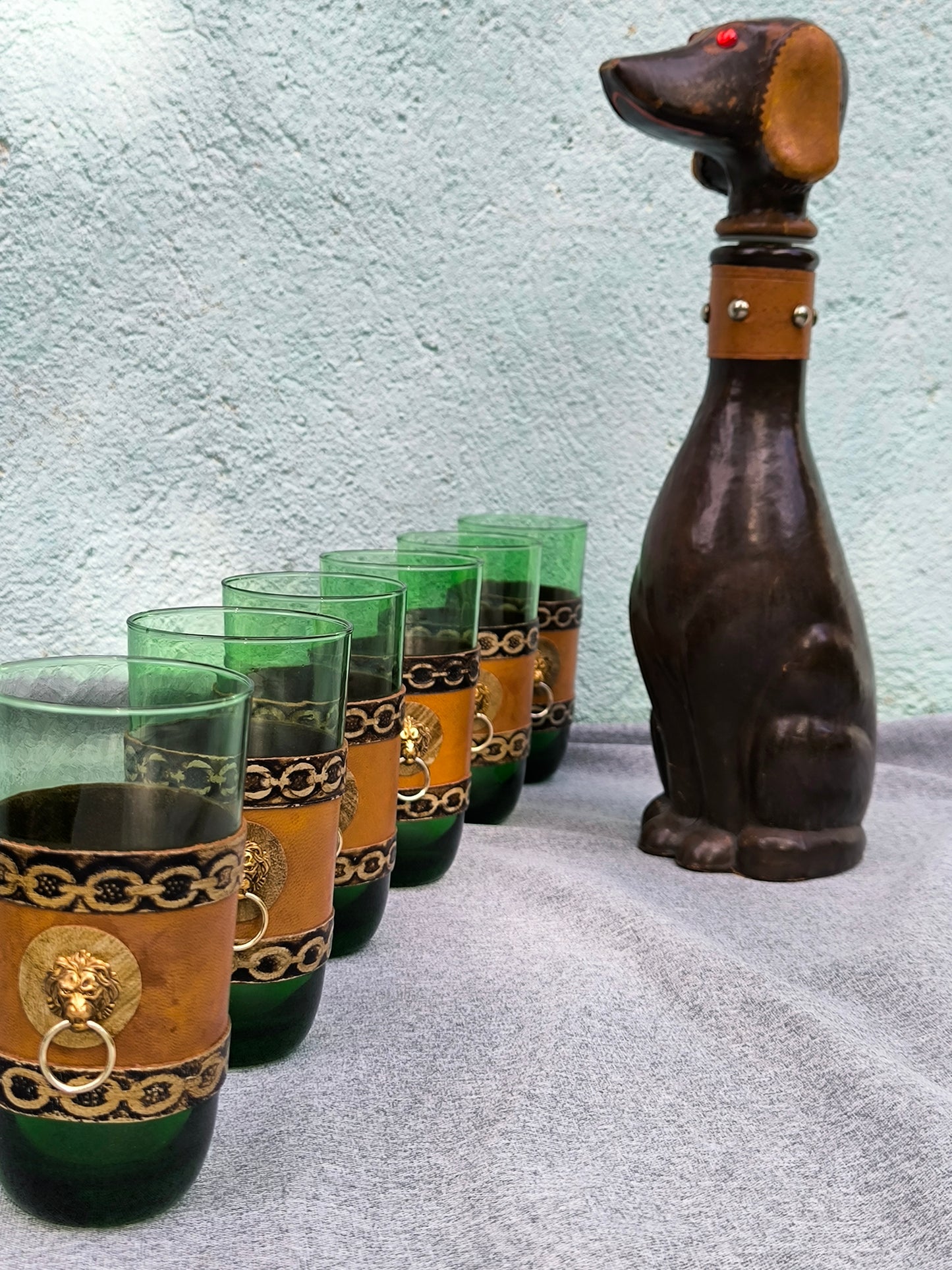 Vintage Empoli Dog Decanter Set – Unusual Сustomized Italian Green Glass Bar Set, 1960s