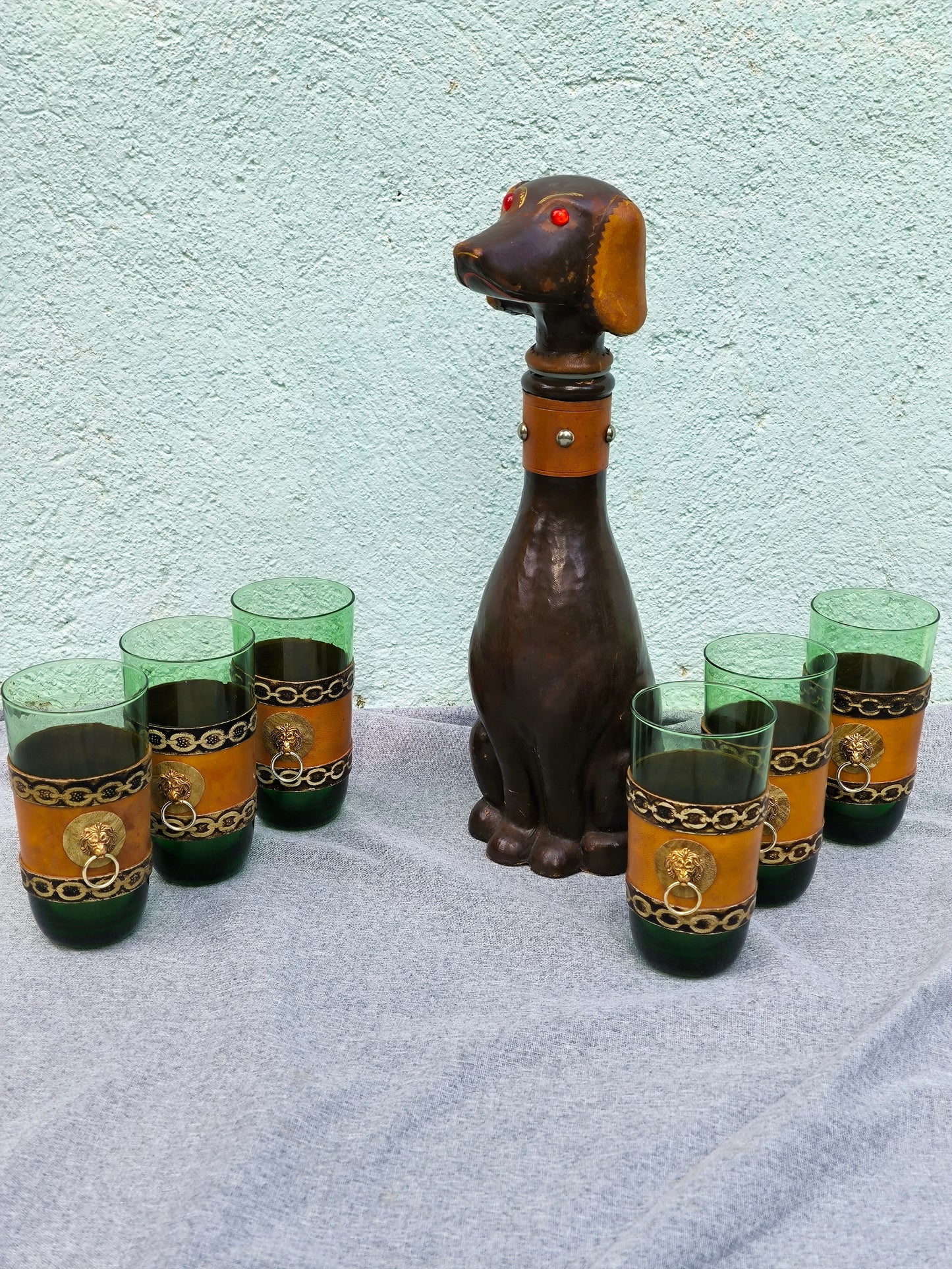Vintage Empoli Dog Decanter Set – Unusual Сustomized Italian Green Glass Bar Set, 1960s