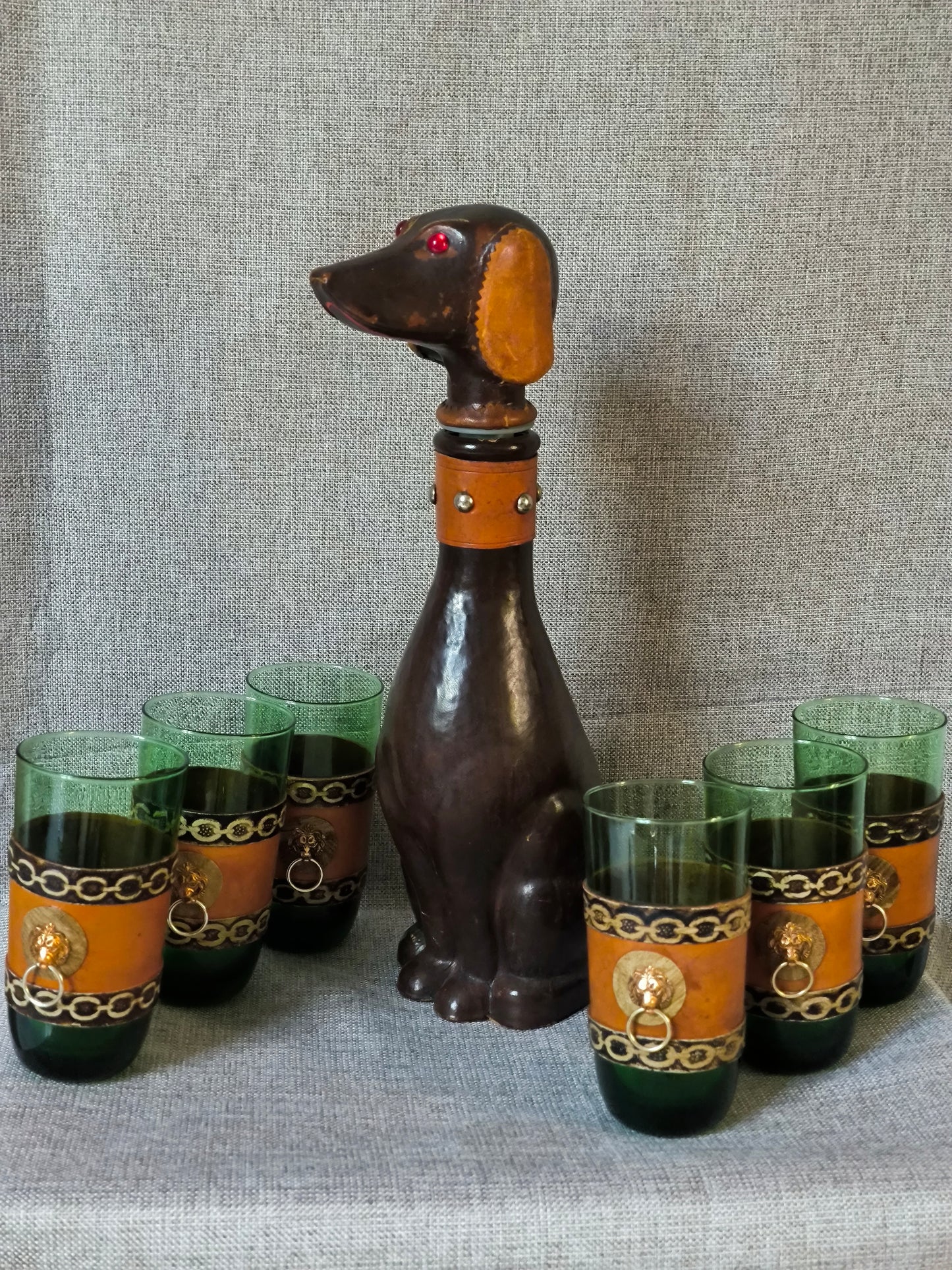 Vintage Empoli Dog Decanter Set – Unusual Сustomized Italian Green Glass Bar Set, 1960s
