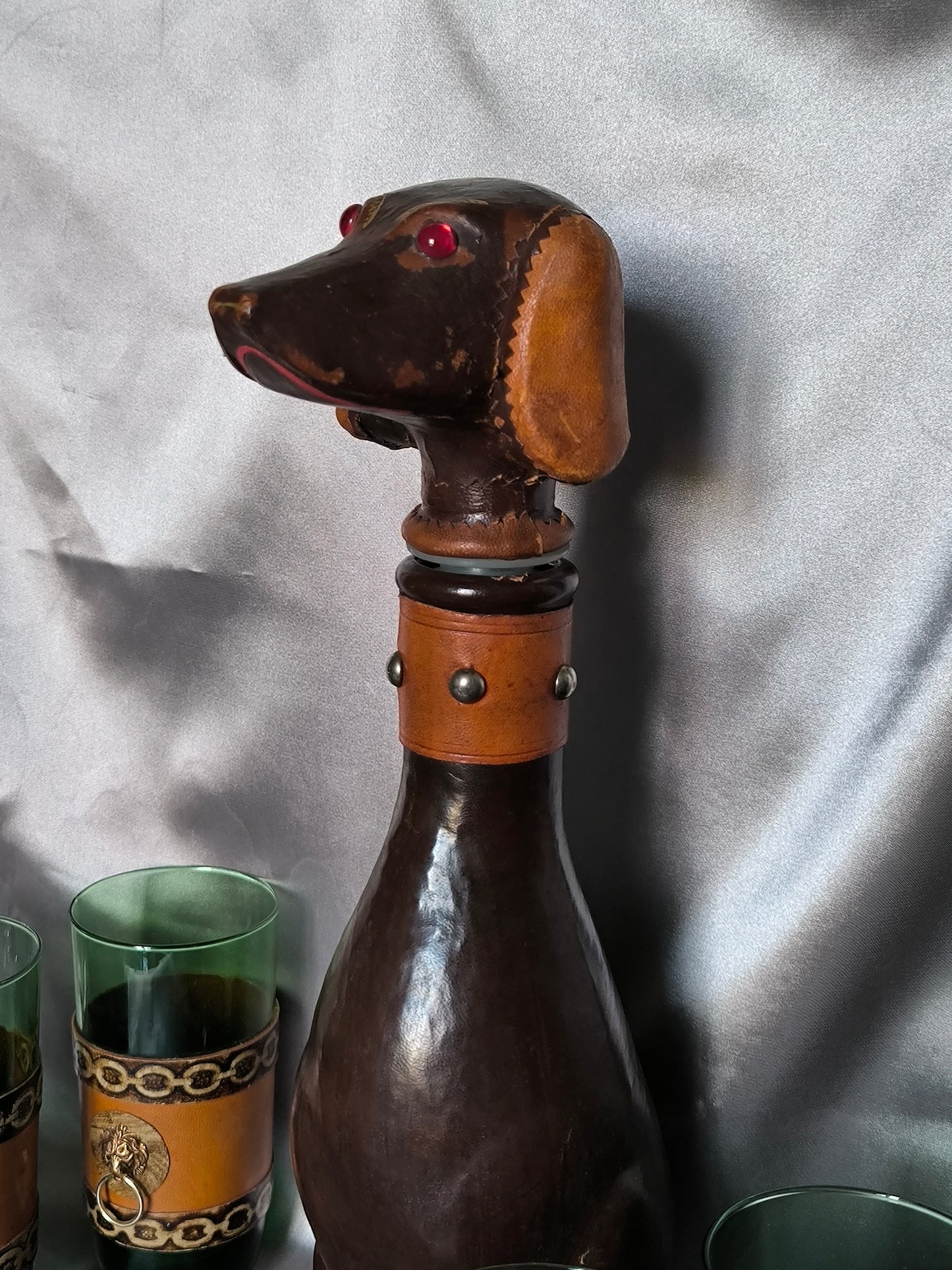 Vintage Empoli Dog Decanter Set – Unusual Сustomized Italian Green Glass Bar Set, 1960s