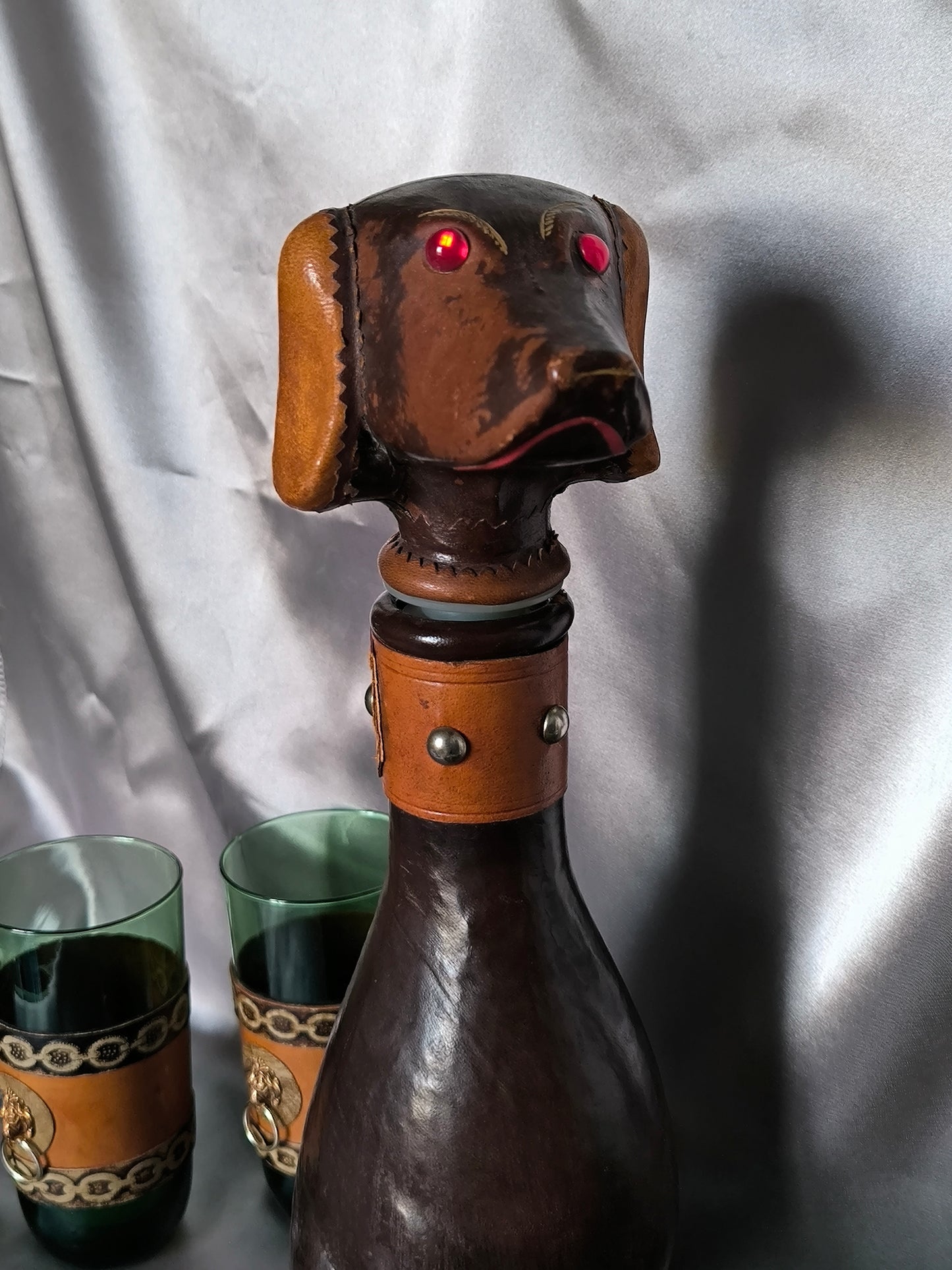Vintage Empoli Dog Decanter Set – Unusual Сustomized Italian Green Glass Bar Set, 1960s