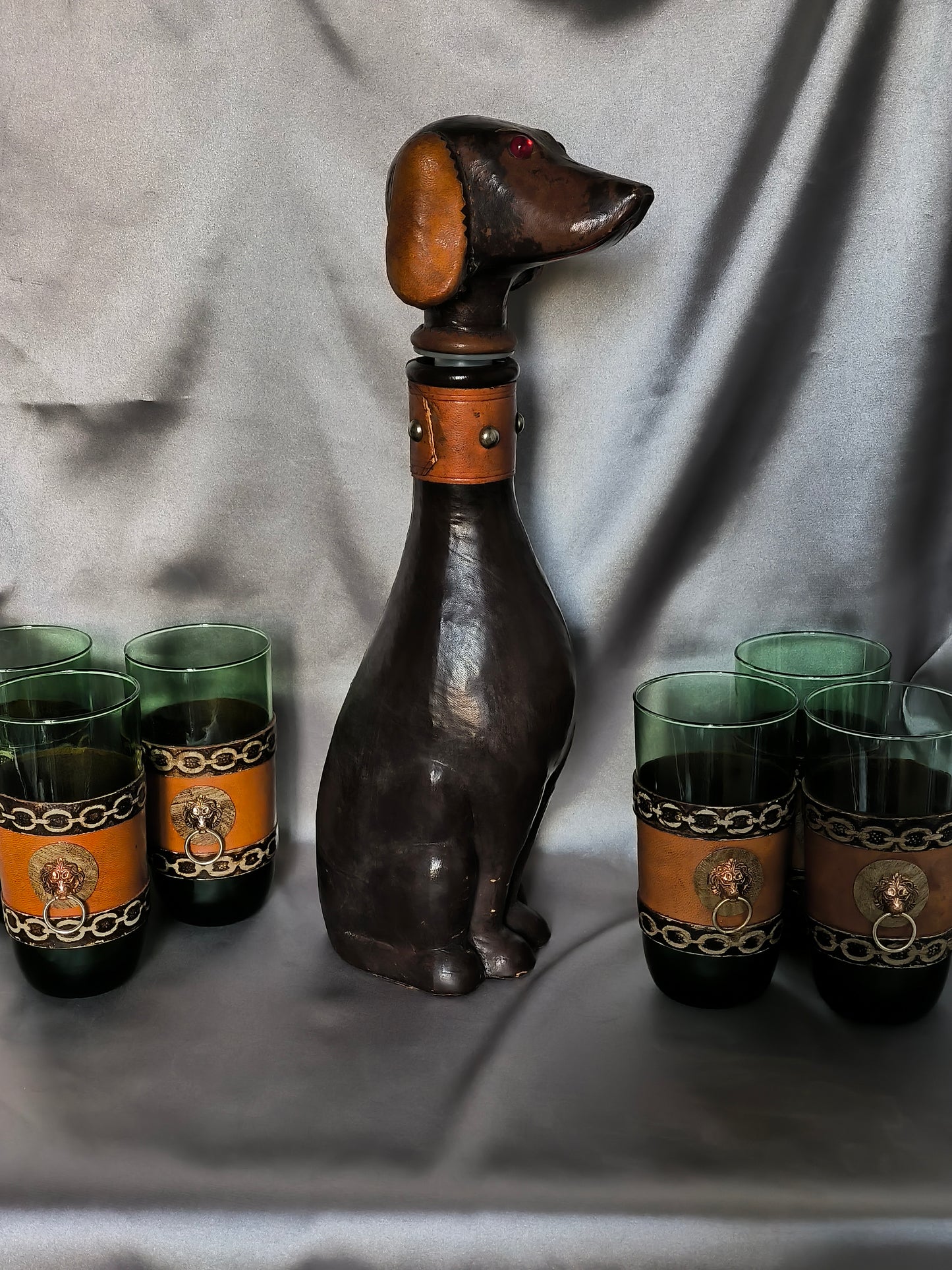 Vintage Empoli Dog Decanter Set – Unusual Сustomized Italian Green Glass Bar Set, 1960s