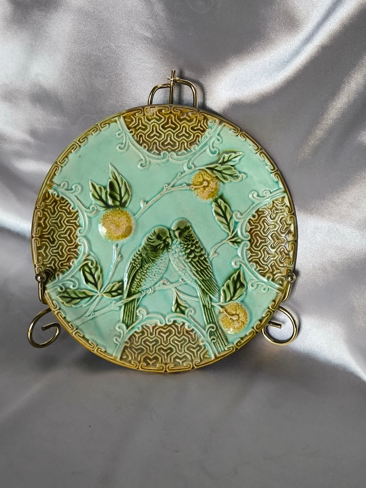 Majolica Decorative Plate with Parrots, Salins France, Art Nouveau Relief Ceramic, c.1890