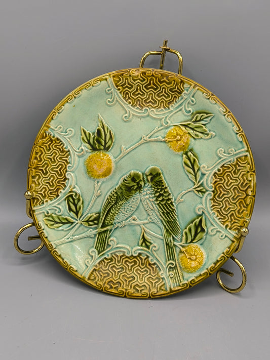 Vintage Salins Majolica Decorative Plate with Parrots, Art Nouveau Relief Ceramic, c.1890