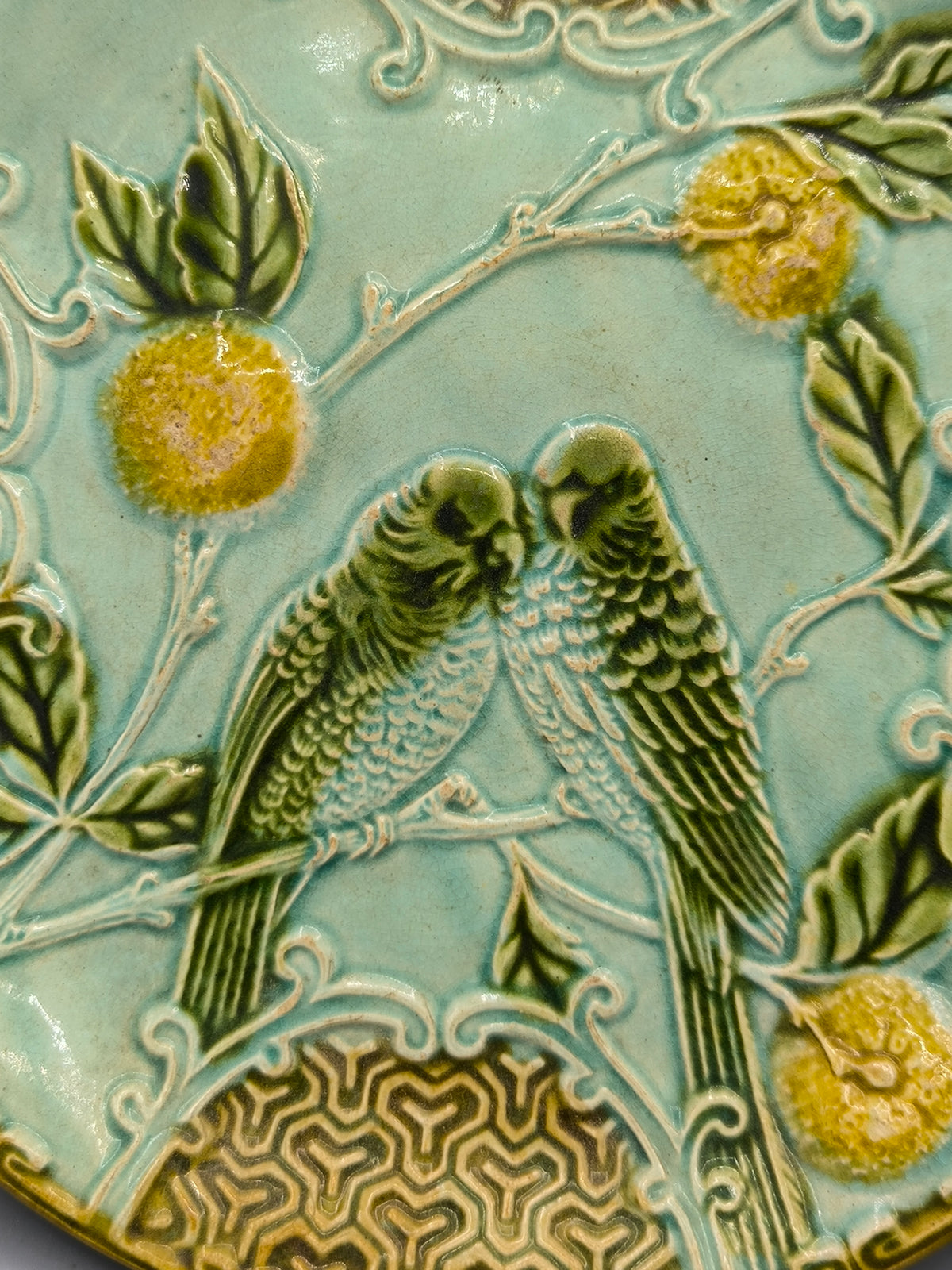 Majolica Decorative Plate with Parrots, Salins France, Art Nouveau Relief Ceramic, c.1890