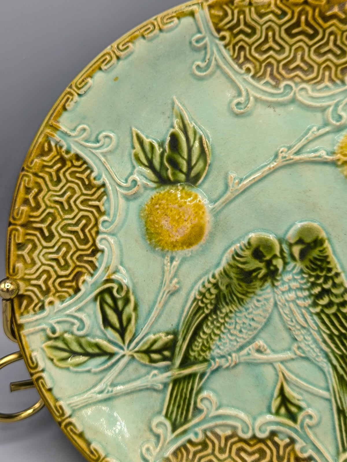 Majolica Decorative Plate with Parrots, Salins France, Art Nouveau Relief Ceramic, c.1890