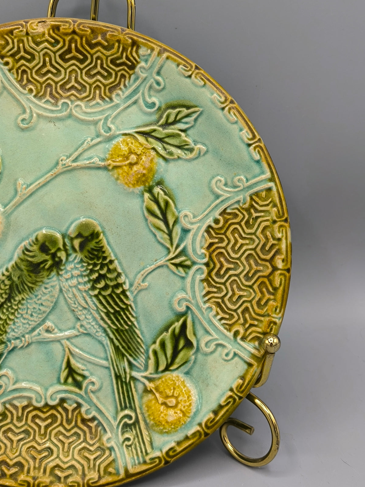 Majolica Decorative Plate with Parrots, Salins France, Art Nouveau Relief Ceramic, c.1890