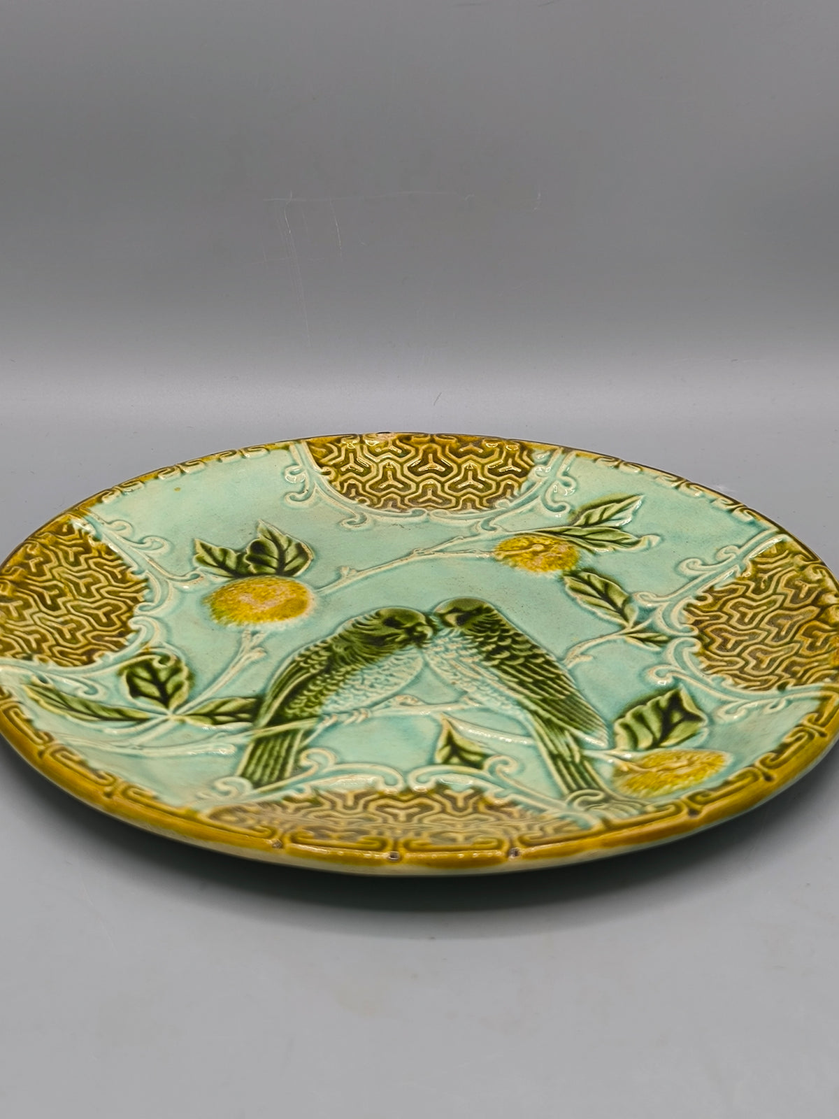 Majolica Decorative Plate with Parrots, Salins France, Art Nouveau Relief Ceramic, c.1890