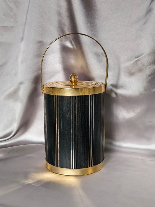 Vintage Ice Bucket 1970s, Glam Black & Gold Barware, Hollywood Regency Cocktail Decor