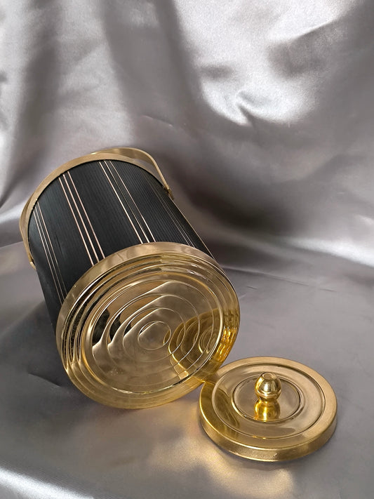 Vintage Ice Bucket 1970s, Glam Black & Gold Barware, Hollywood Regency Cocktail Decor