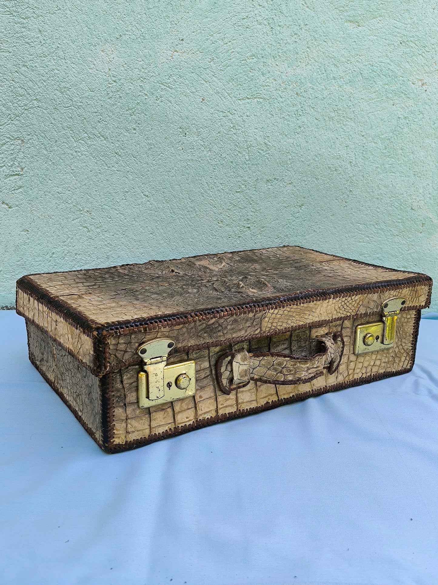 Antique Crocodile Suitcase, 1930s Art Deco Travel Case, Rare Colonial Decor