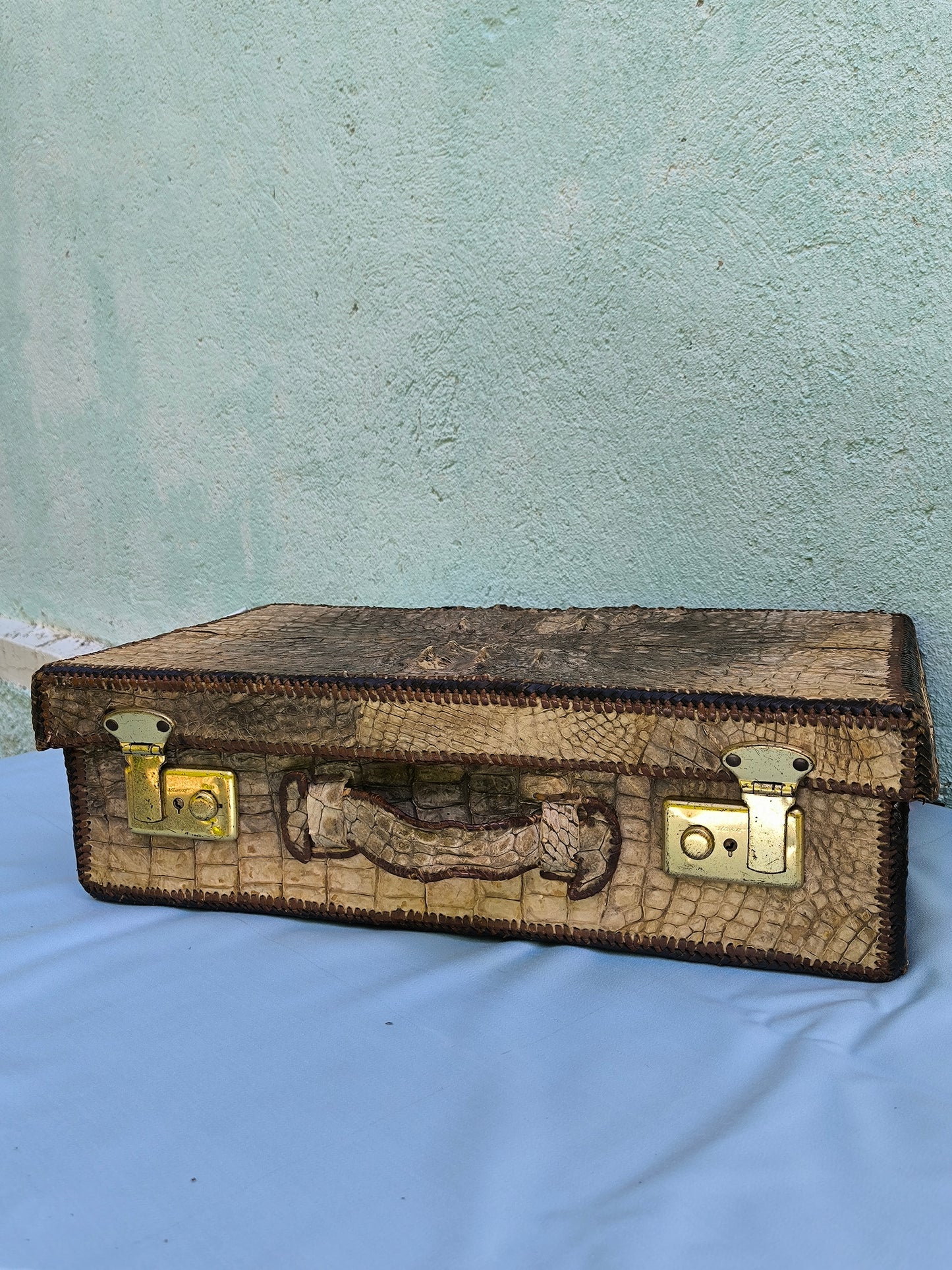 Antique Crocodile Suitcase, 1930s Art Deco Travel Case, Rare Colonial Decor