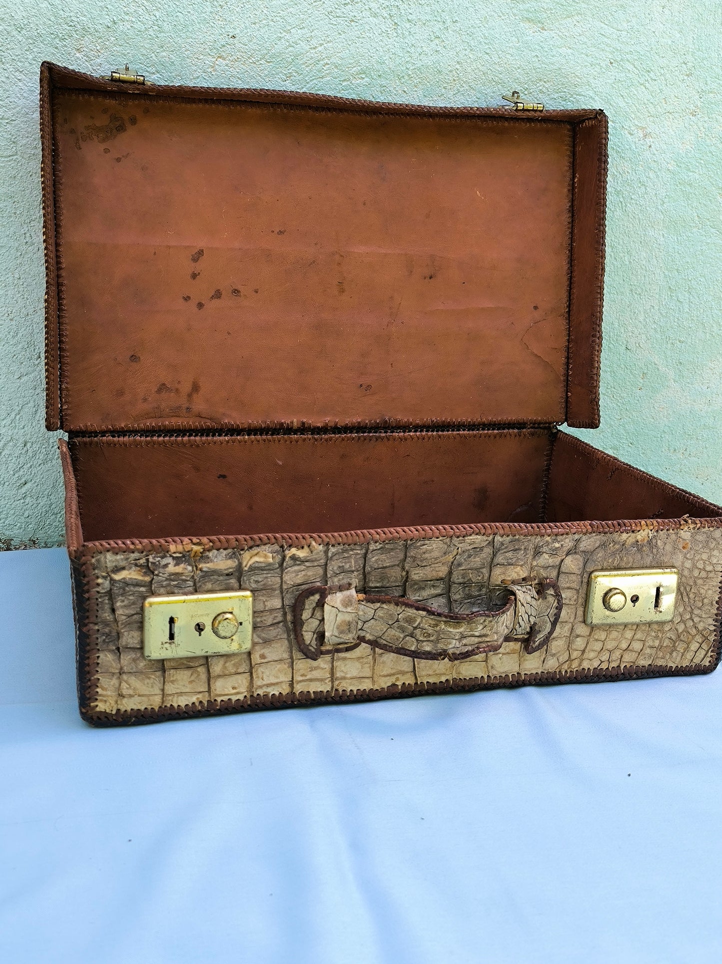 Antique Crocodile Suitcase, 1930s Art Deco Travel Case, Rare Colonial Decor
