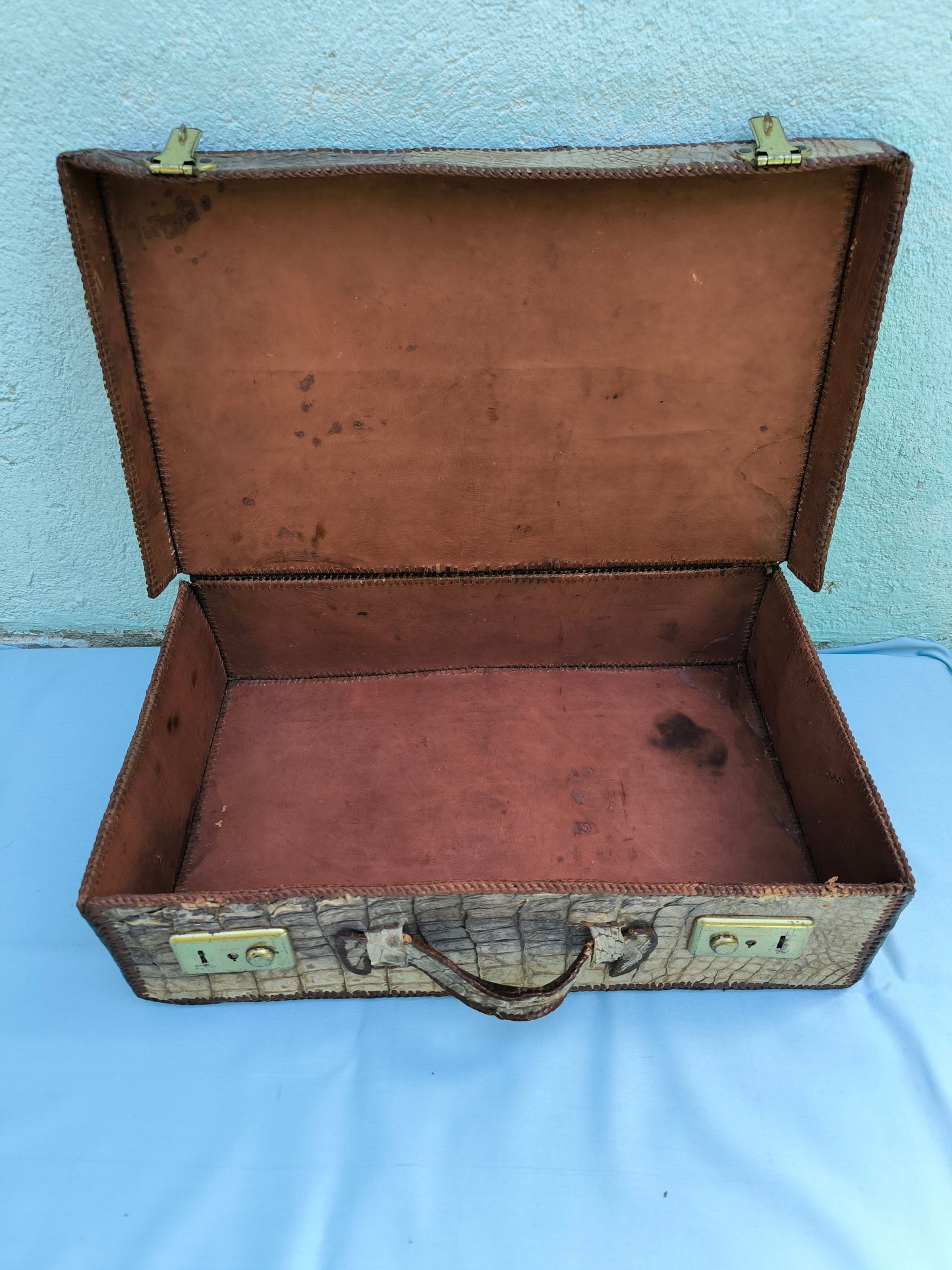 Antique Crocodile Suitcase, 1930s Art Deco Travel Case, Rare Colonial Decor