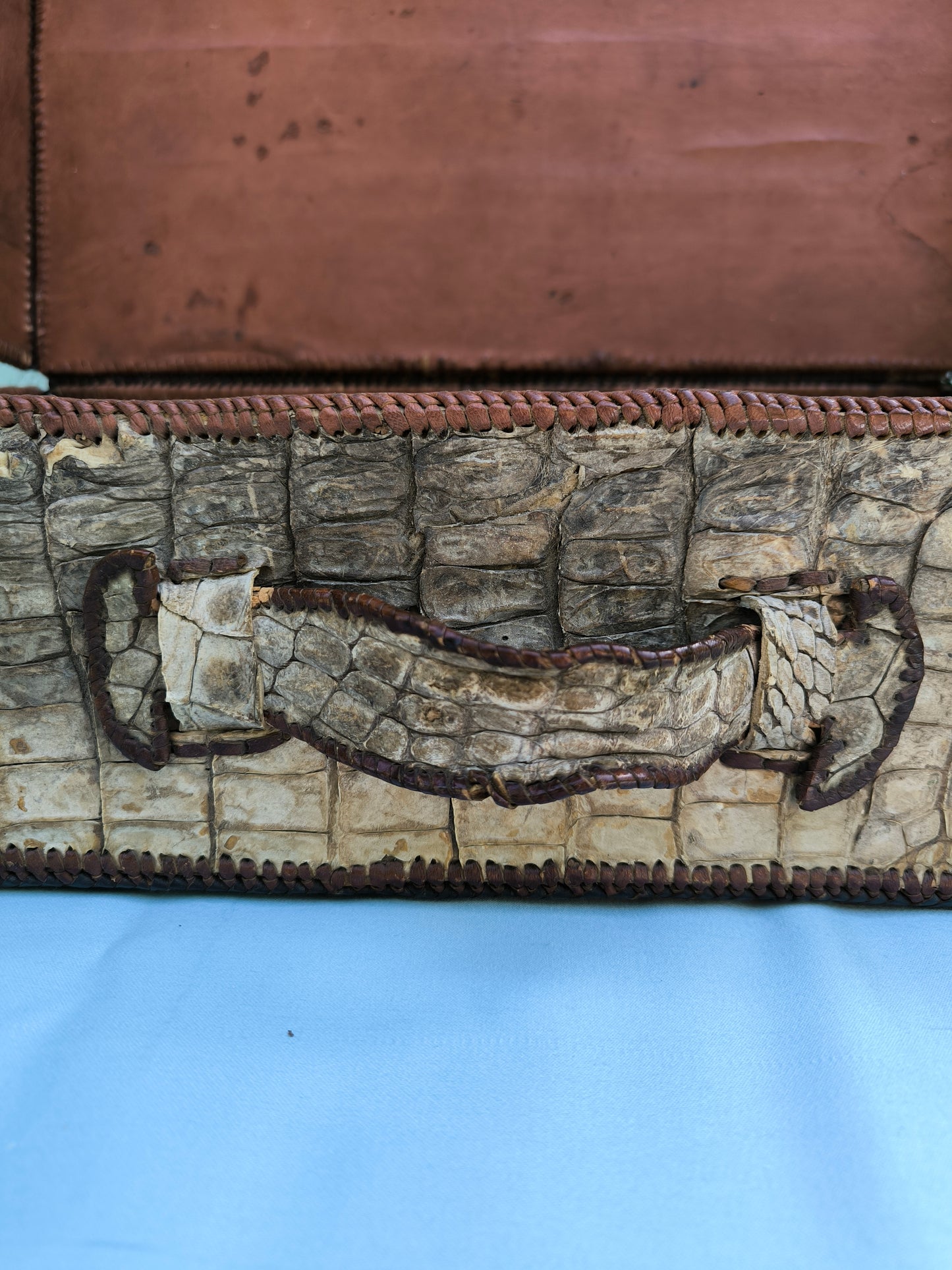 Antique Crocodile Suitcase, 1930s Art Deco Travel Case, Rare Colonial Decor