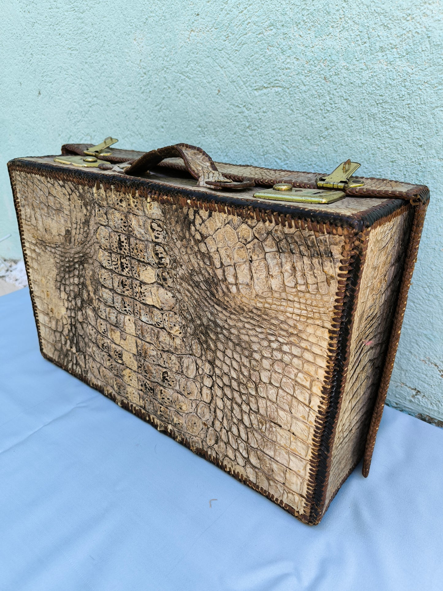 Antique Crocodile Suitcase, 1930s Art Deco Travel Case, Rare Colonial Decor