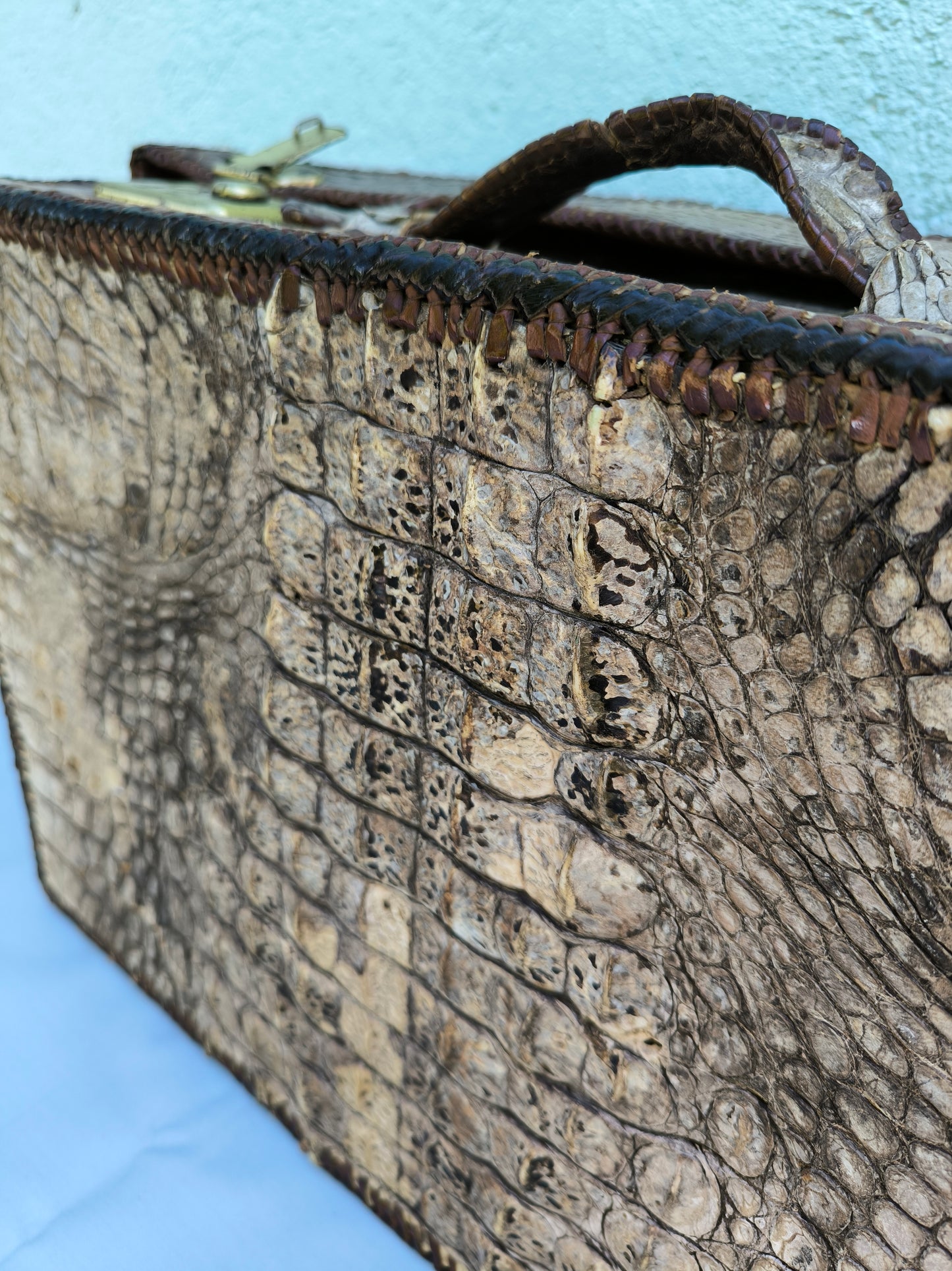 Antique Crocodile Suitcase, 1930s Art Deco Travel Case, Rare Colonial Decor