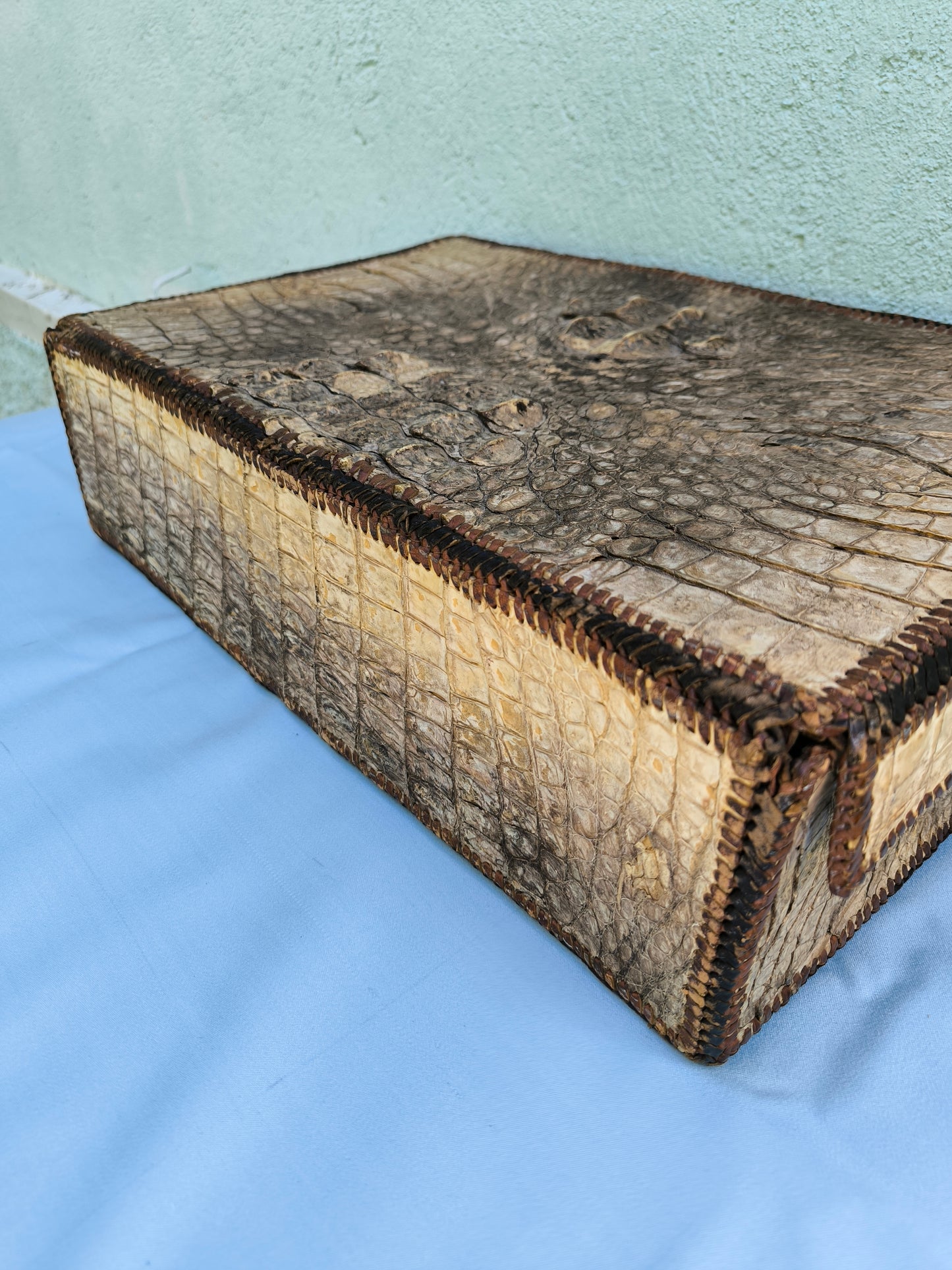 Antique Crocodile Suitcase, 1930s Art Deco Travel Case, Rare Colonial Decor