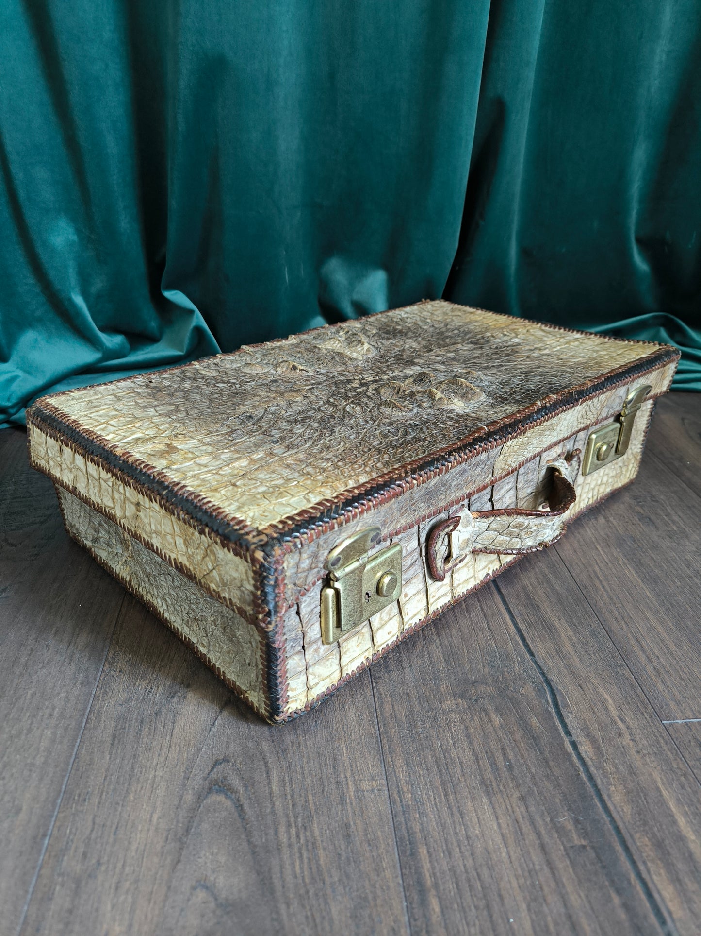 Antique Crocodile Suitcase, 1930s Art Deco Travel Case, Rare Colonial Decor