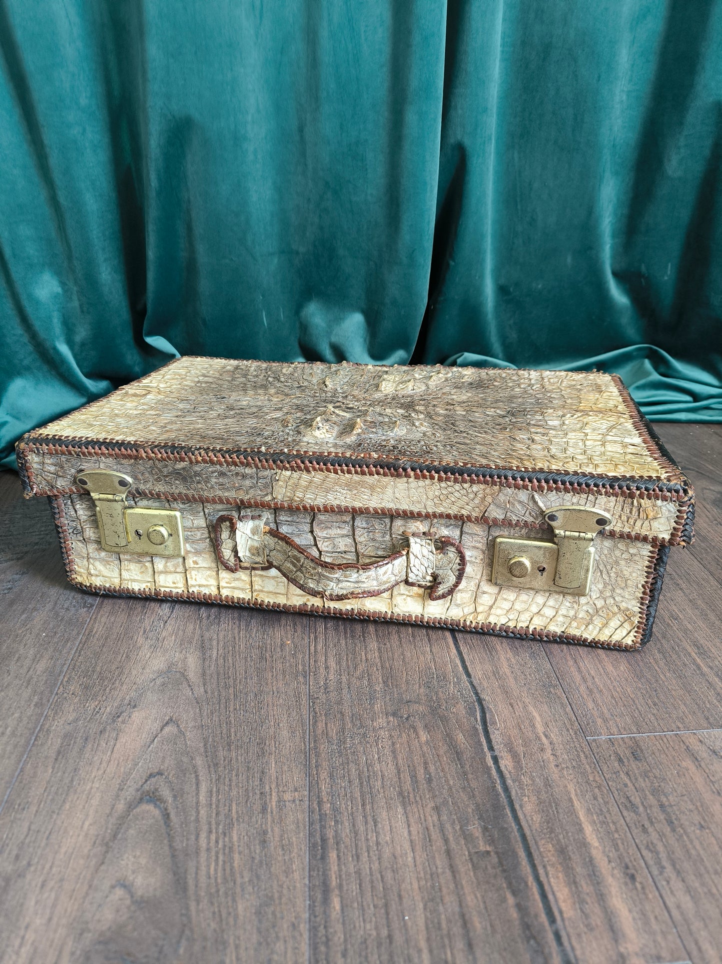 Antique Crocodile Suitcase, 1930s Art Deco Travel Case, Rare Colonial Decor