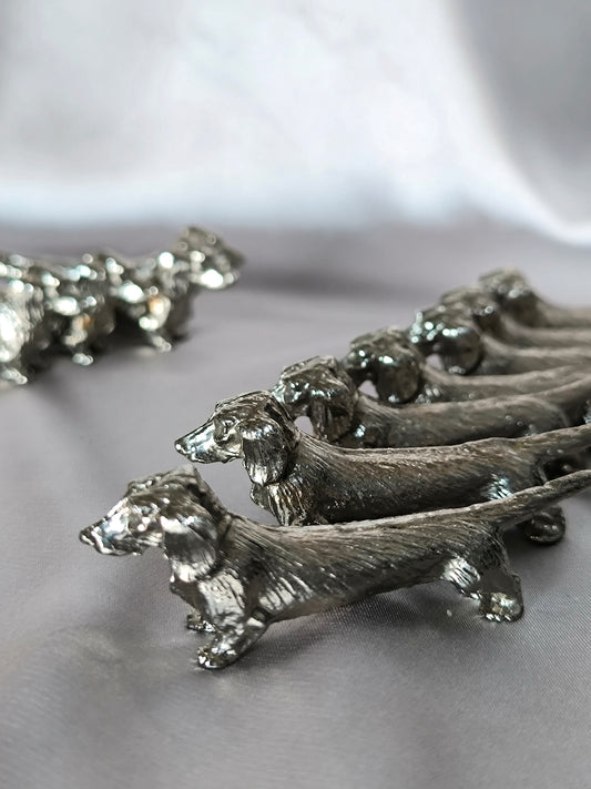 Vintage Dachshund Knife Rests, Rare Set of 11 Silver-Tone Dog Knife Holders, French Table Decor