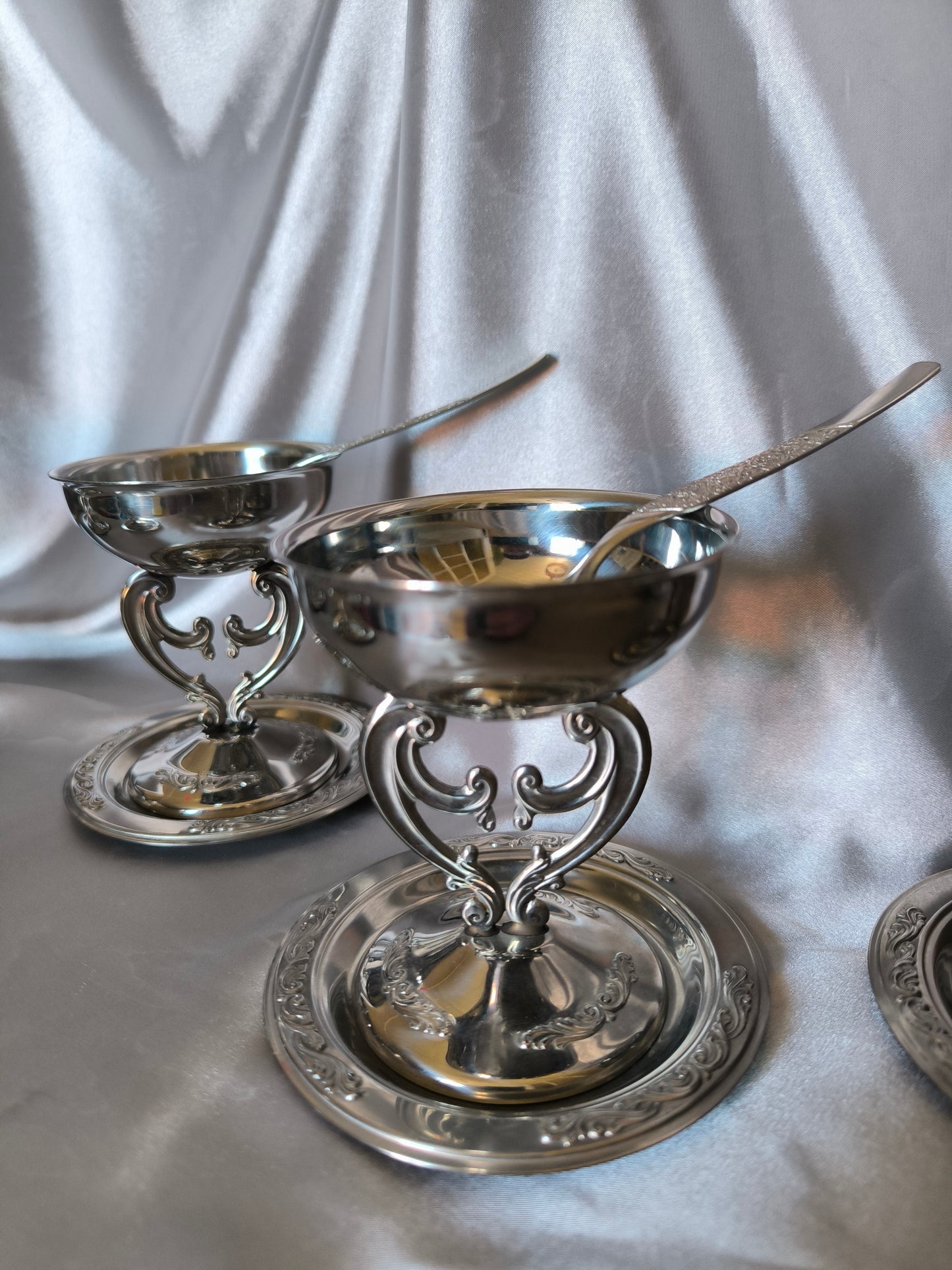 Vintage Italian Dessert/Ice Cream Bowls on Openwork Stem with Saucers & Spoons – 15-Piece Argentinox 18/10 Stainless Steel Set