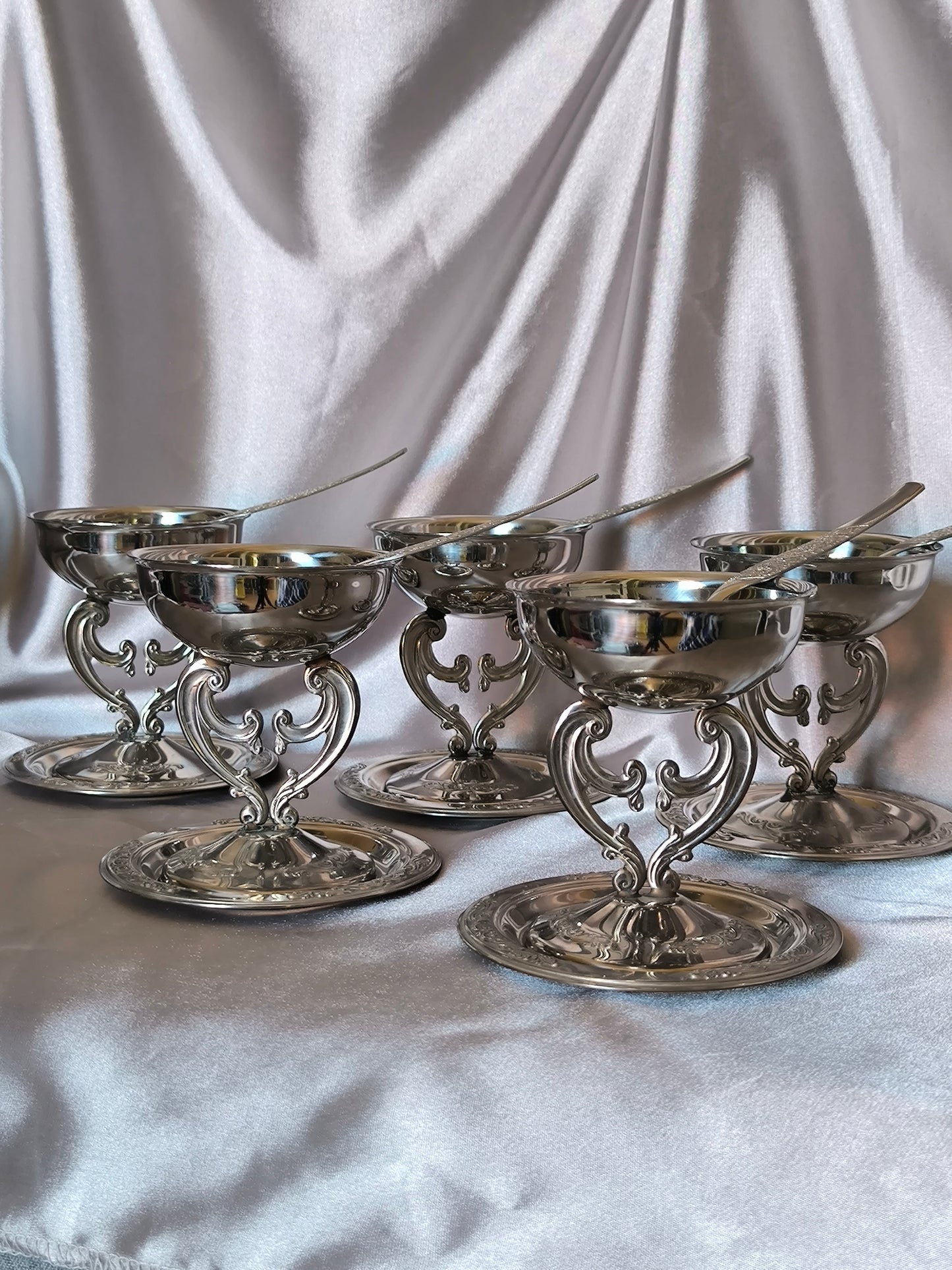 Vintage Italian Dessert/Ice Cream Bowls on Openwork Stem with Saucers & Spoons – 15-Piece Argentinox 18/10 Stainless Steel Set