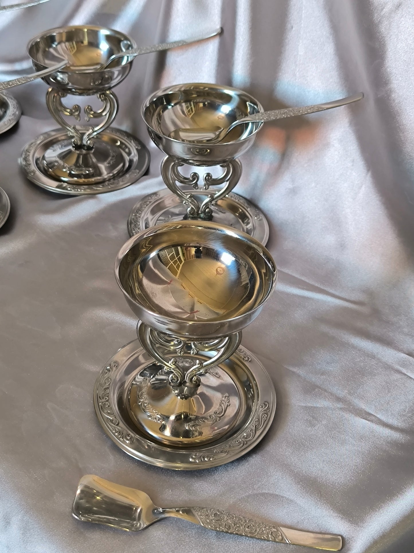 Vintage Italian Dessert/Ice Cream Bowls on Openwork Stem with Saucers & Spoons – 15-Piece Argentinox 18/10 Stainless Steel Set