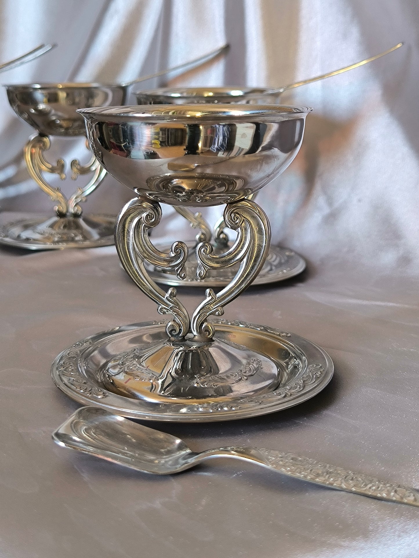 Vintage Italian Dessert/Ice Cream Bowls on Openwork Stem with Saucers & Spoons – 15-Piece Argentinox 18/10 Stainless Steel Set