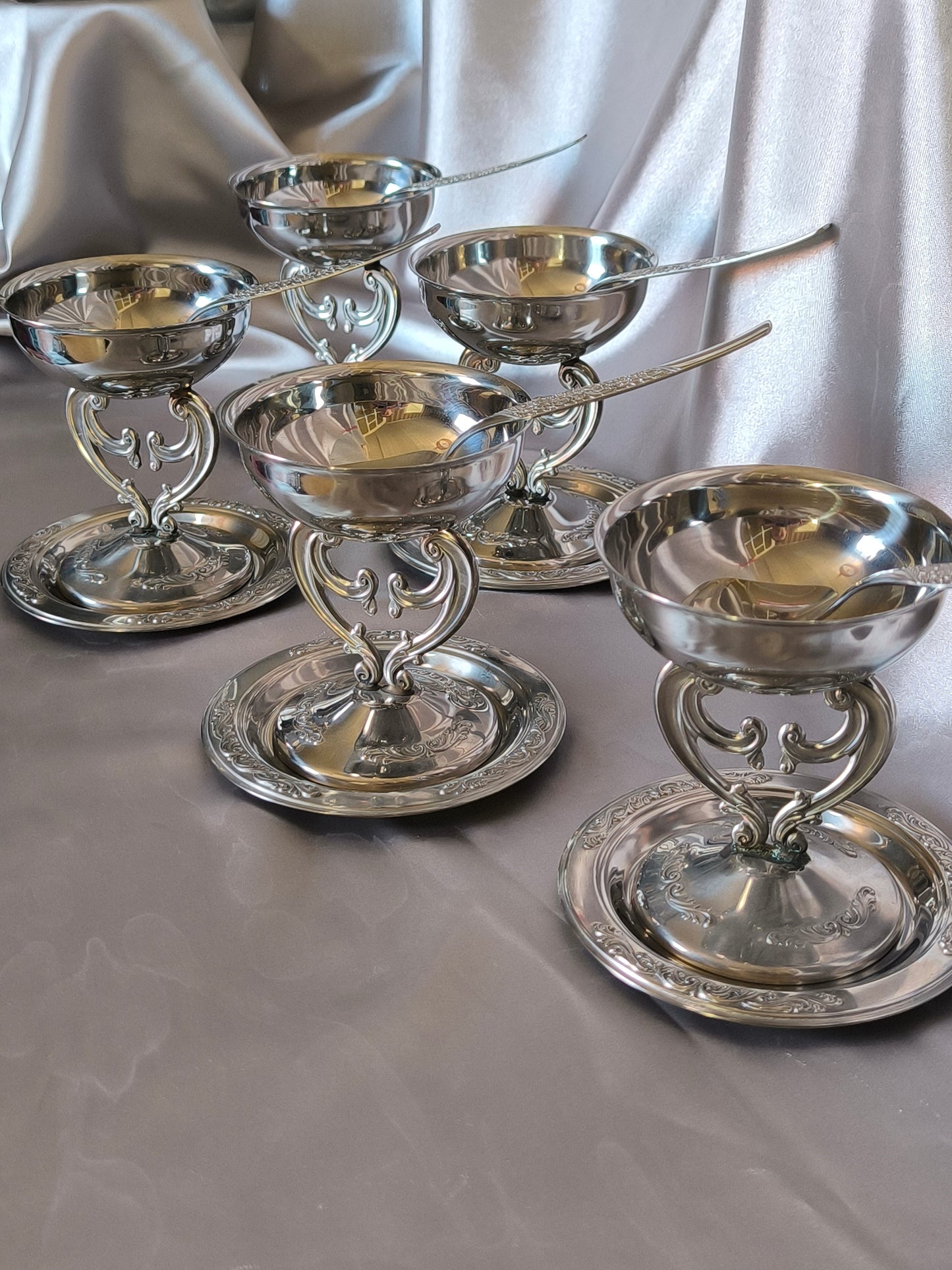 Vintage Italian Dessert/Ice Cream Bowls on Openwork Stem with Saucers & Spoons – 15-Piece Argentinox 18/10 Stainless Steel Set