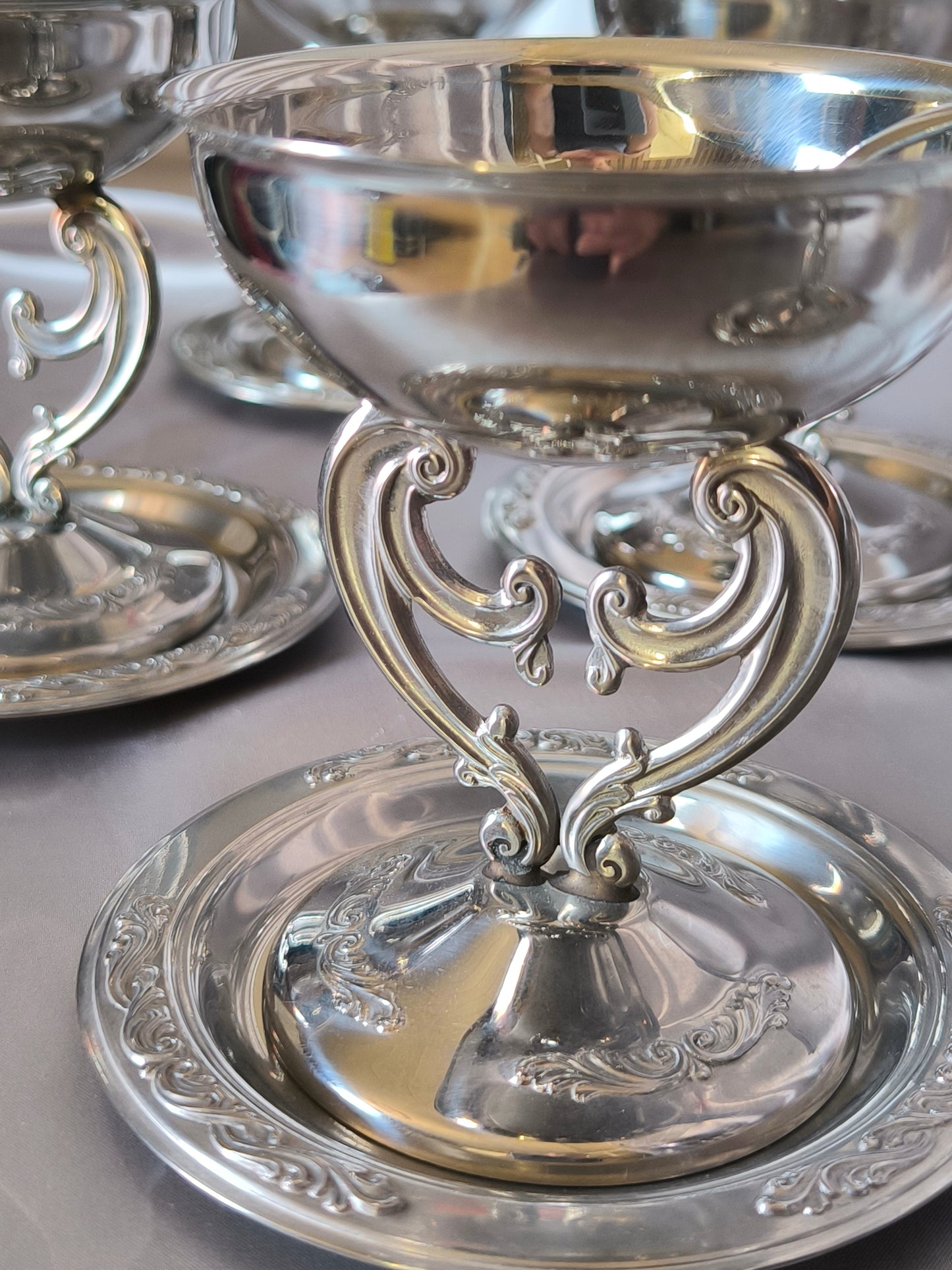 Vintage Italian Dessert/Ice Cream Bowls on Openwork Stem with Saucers & Spoons – 15-Piece Argentinox 18/10 Stainless Steel Set