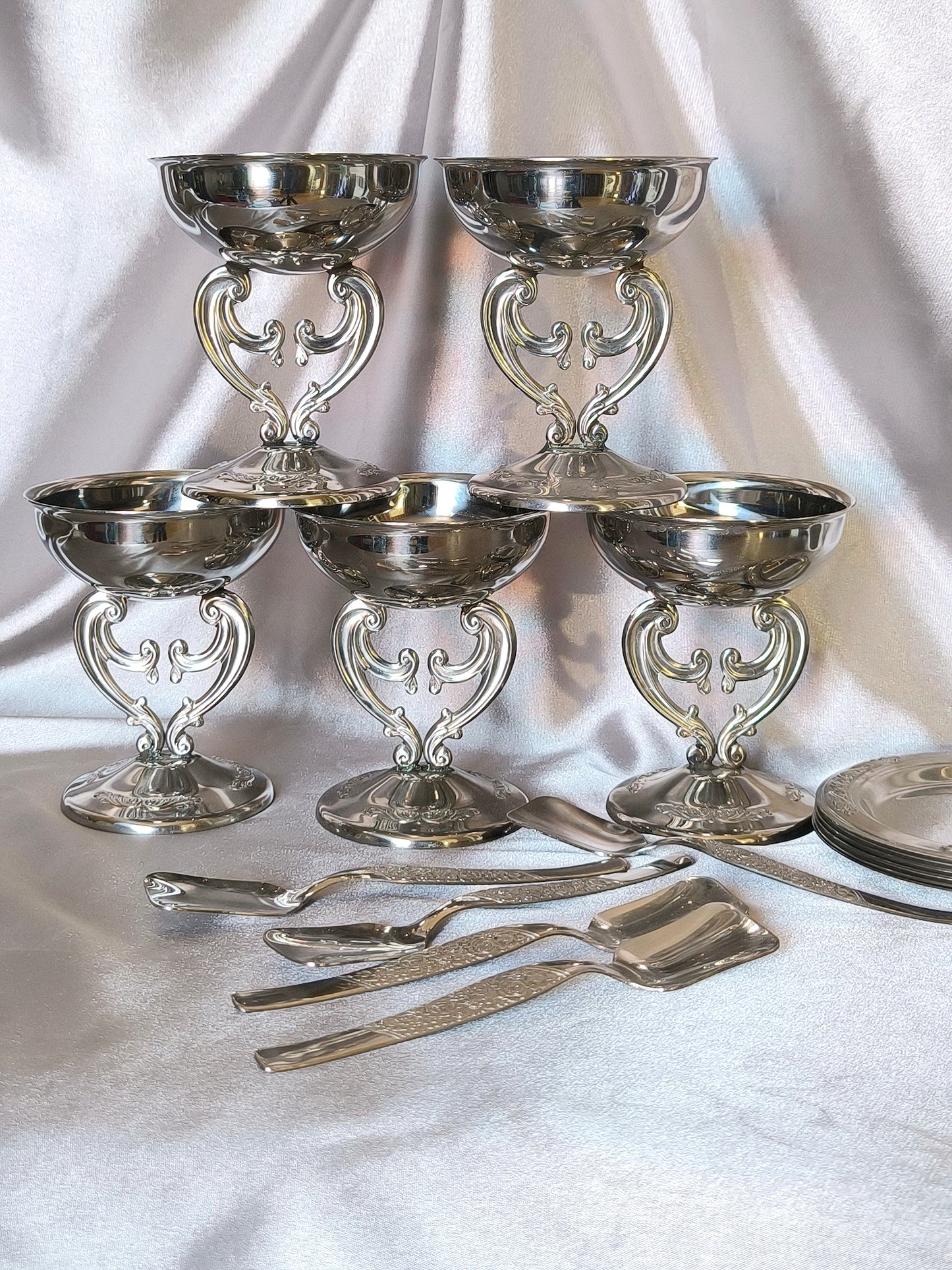 Vintage Italian Dessert/Ice Cream Bowls on Openwork Stem with Saucers & Spoons – 15-Piece Argentinox 18/10 Stainless Steel Set