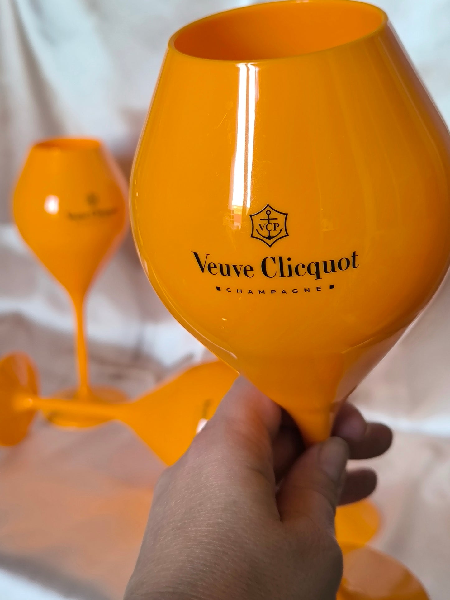 Veuve Clicquot Champagne Glasses, Large & Tall Orange Collectible Acrylic Goblets, Set of 5