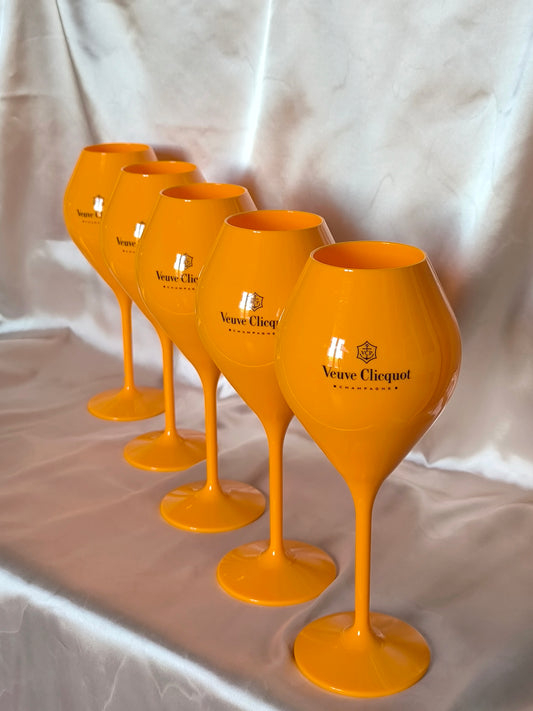 Veuve Clicquot Champagne Glasses, Large & Tall Orange Collectible Acrylic Goblets, Set of 5